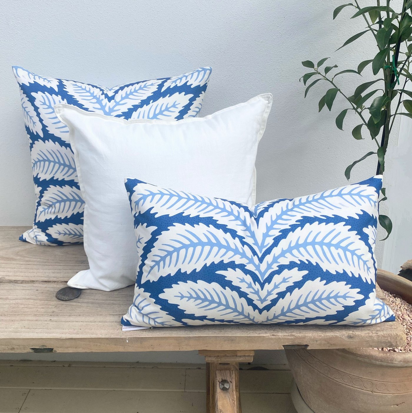 Set of Blue and White Palm Hamptons Cushion Covers