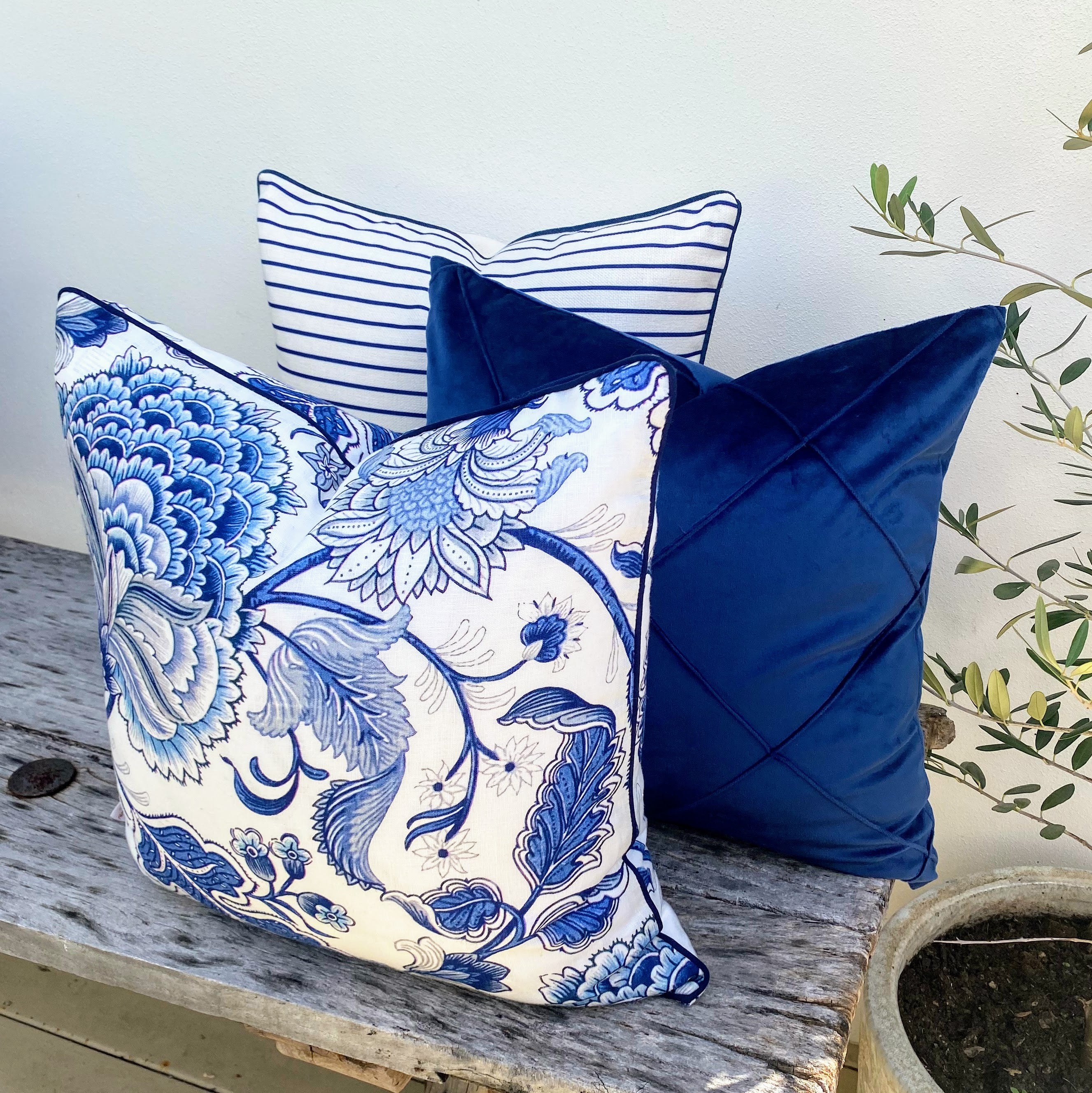 Set of 3 Coastal Blue and White Cushions Portsea
