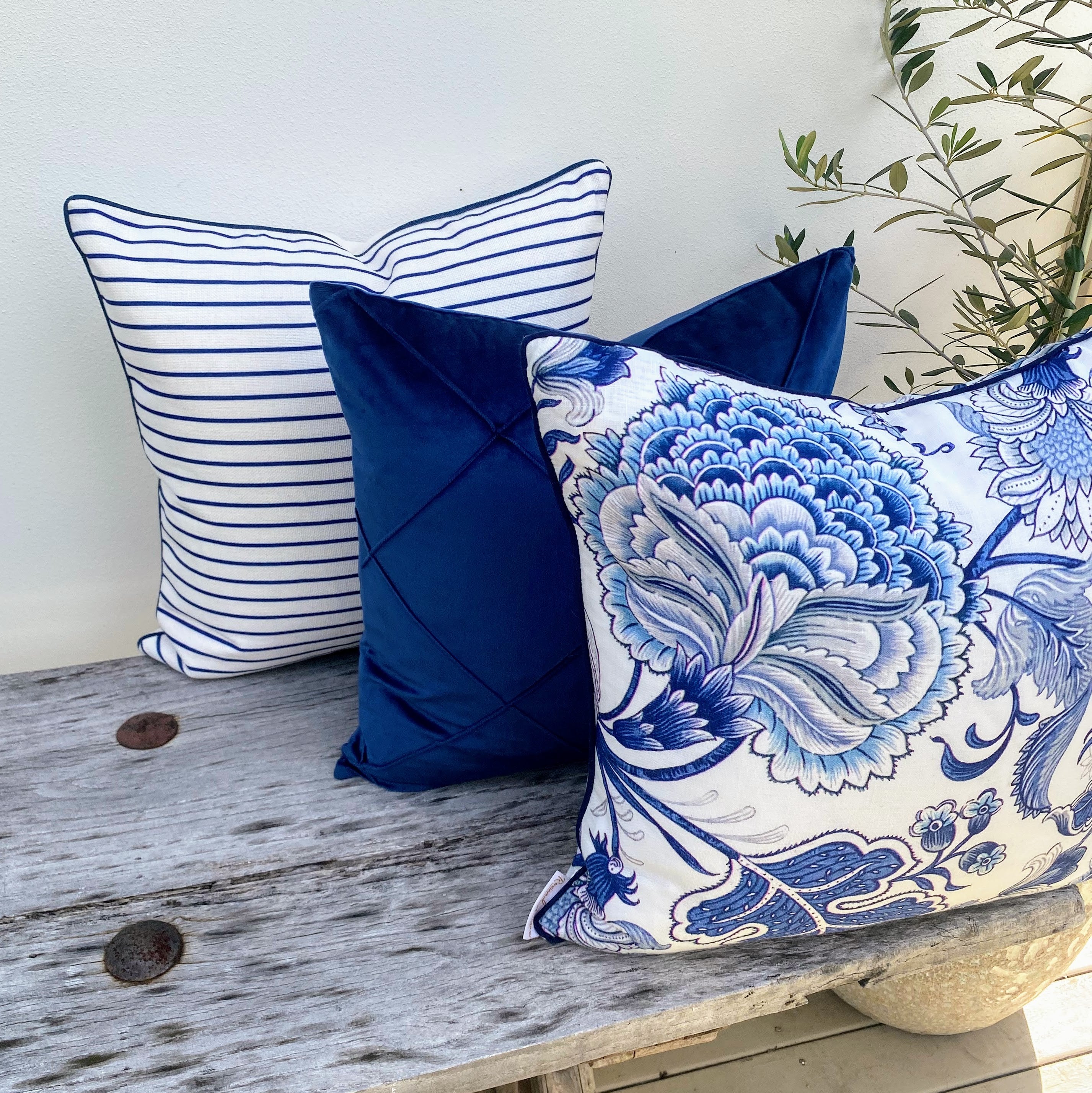 Set of 3 Floral and Stripe Blue and White Cushions Portsea