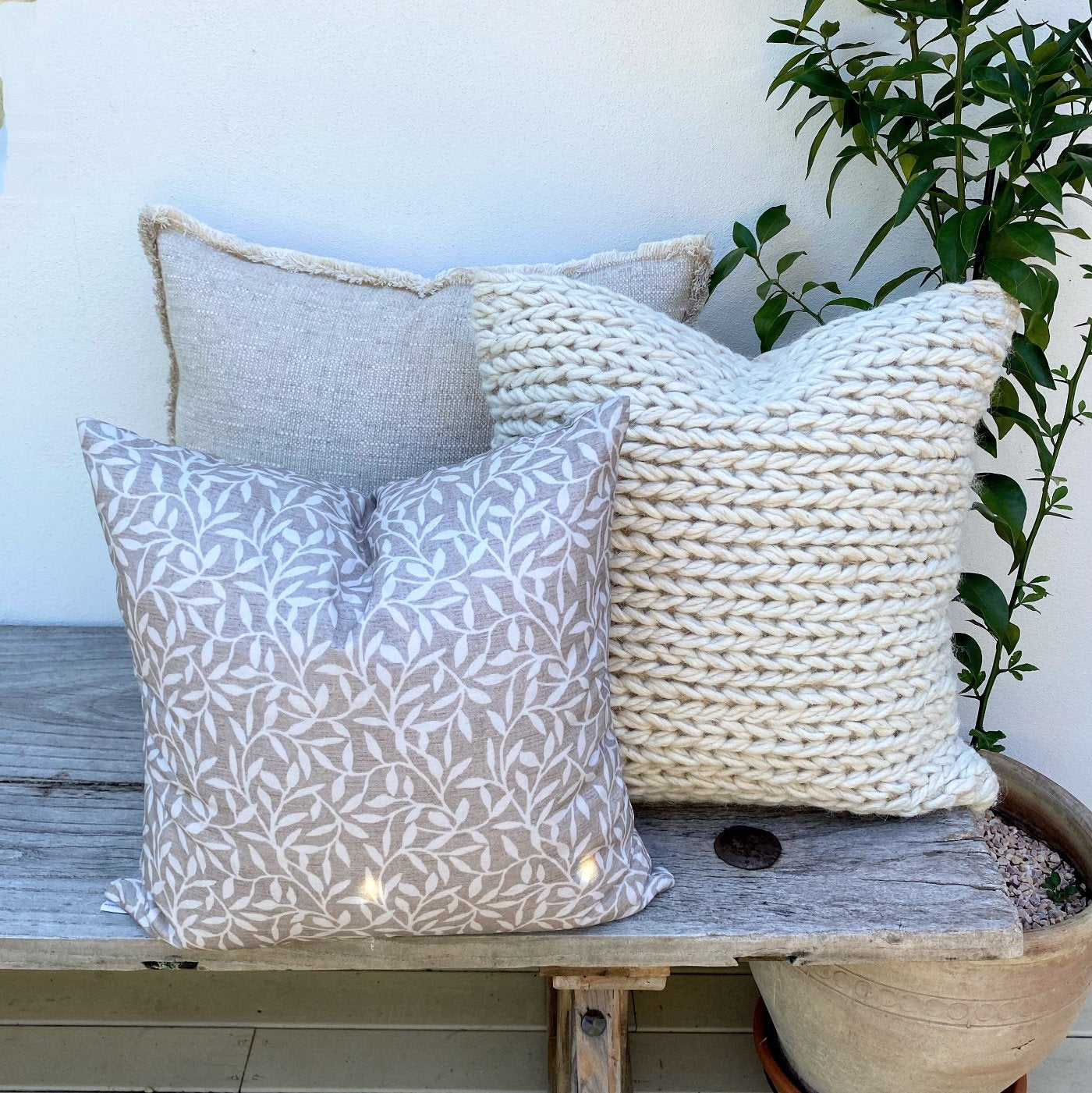 Set of 3 Natural Beige Cotton Wool Cushions