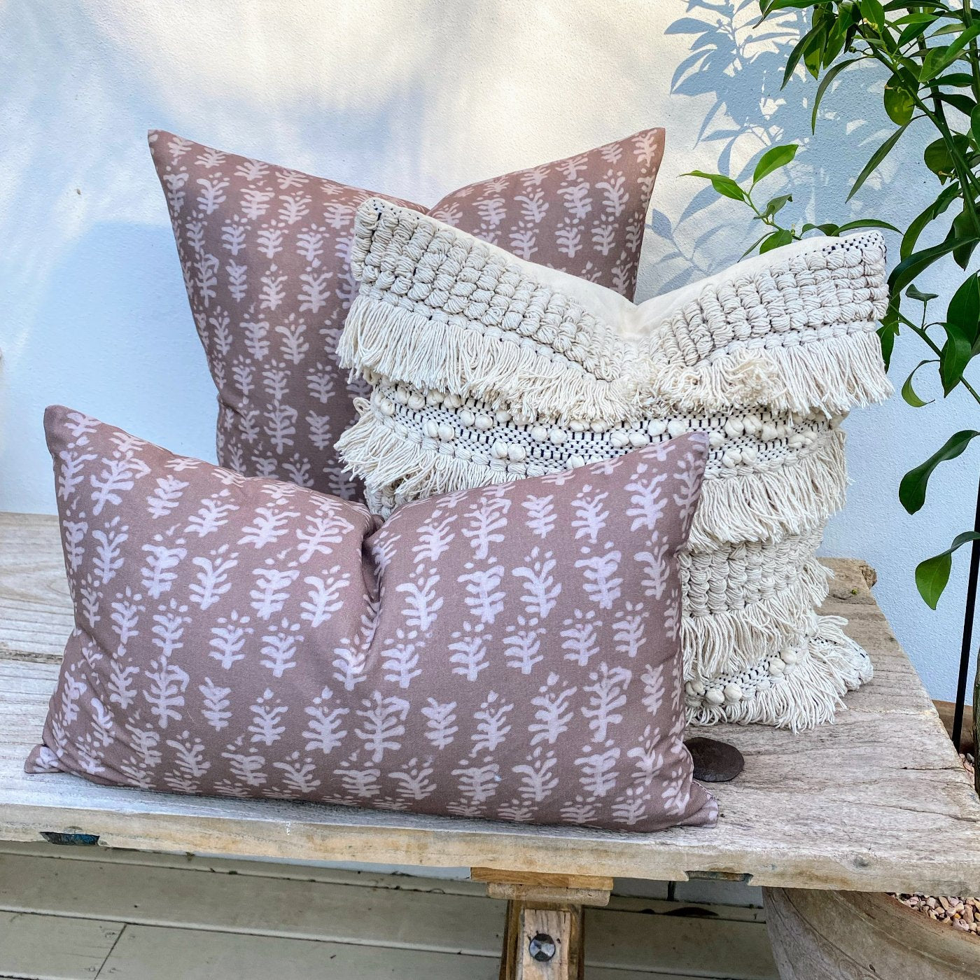 Set of 3 Patterned Coastal Brown Beige Cushion Covers | Tassel Boho