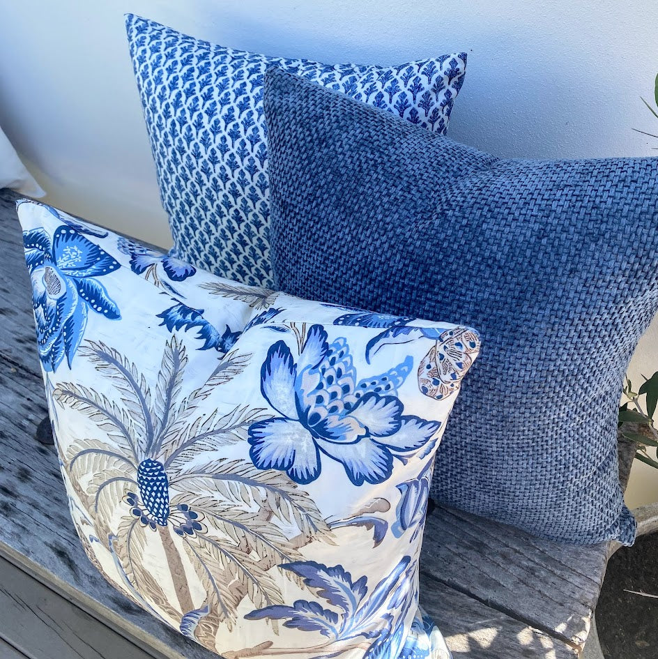 Set of 3 Blue and White Patterned Palmtree Cushions