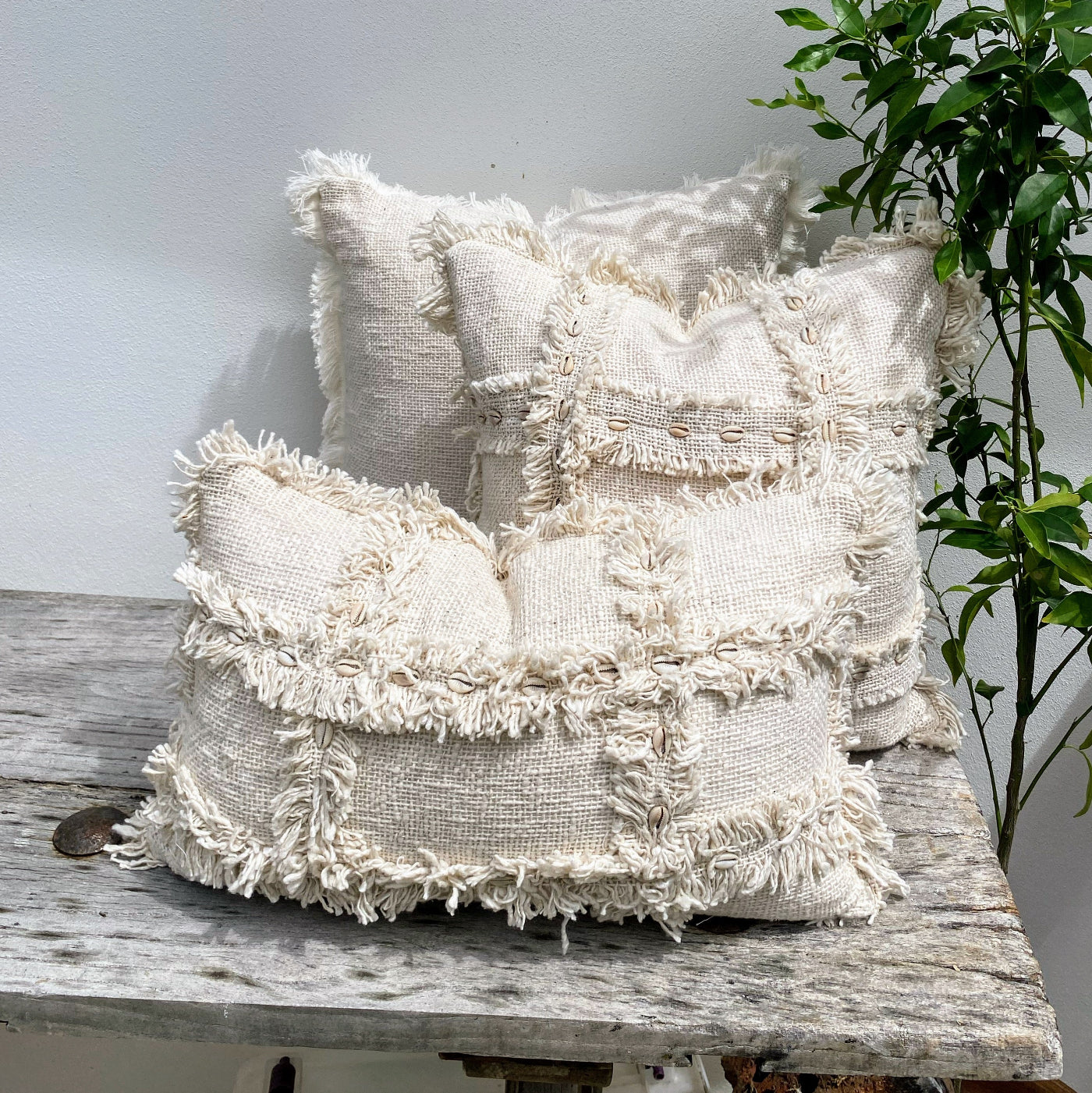 Set of Three Weaved Cotton Cushion Cover with Elegant Cowrie Shells