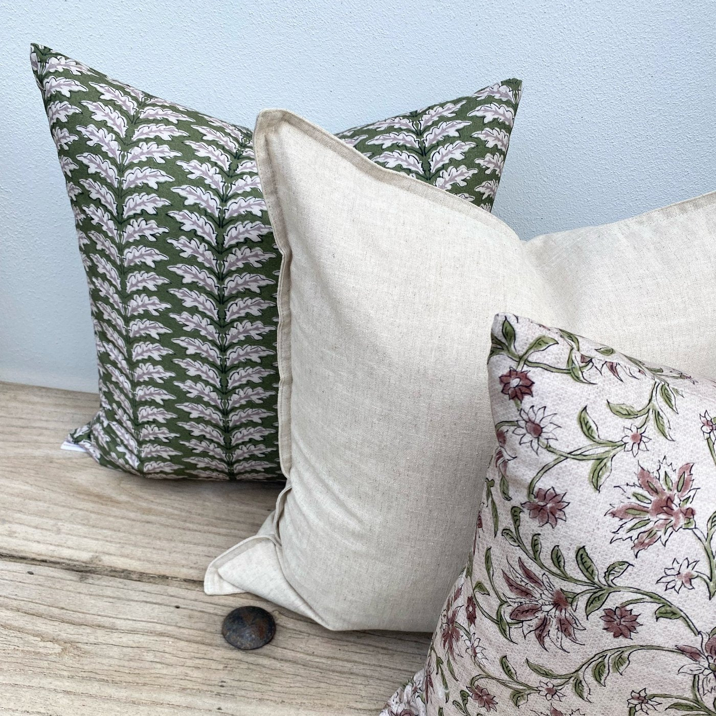 Set of Green Floral Linen Cushions
