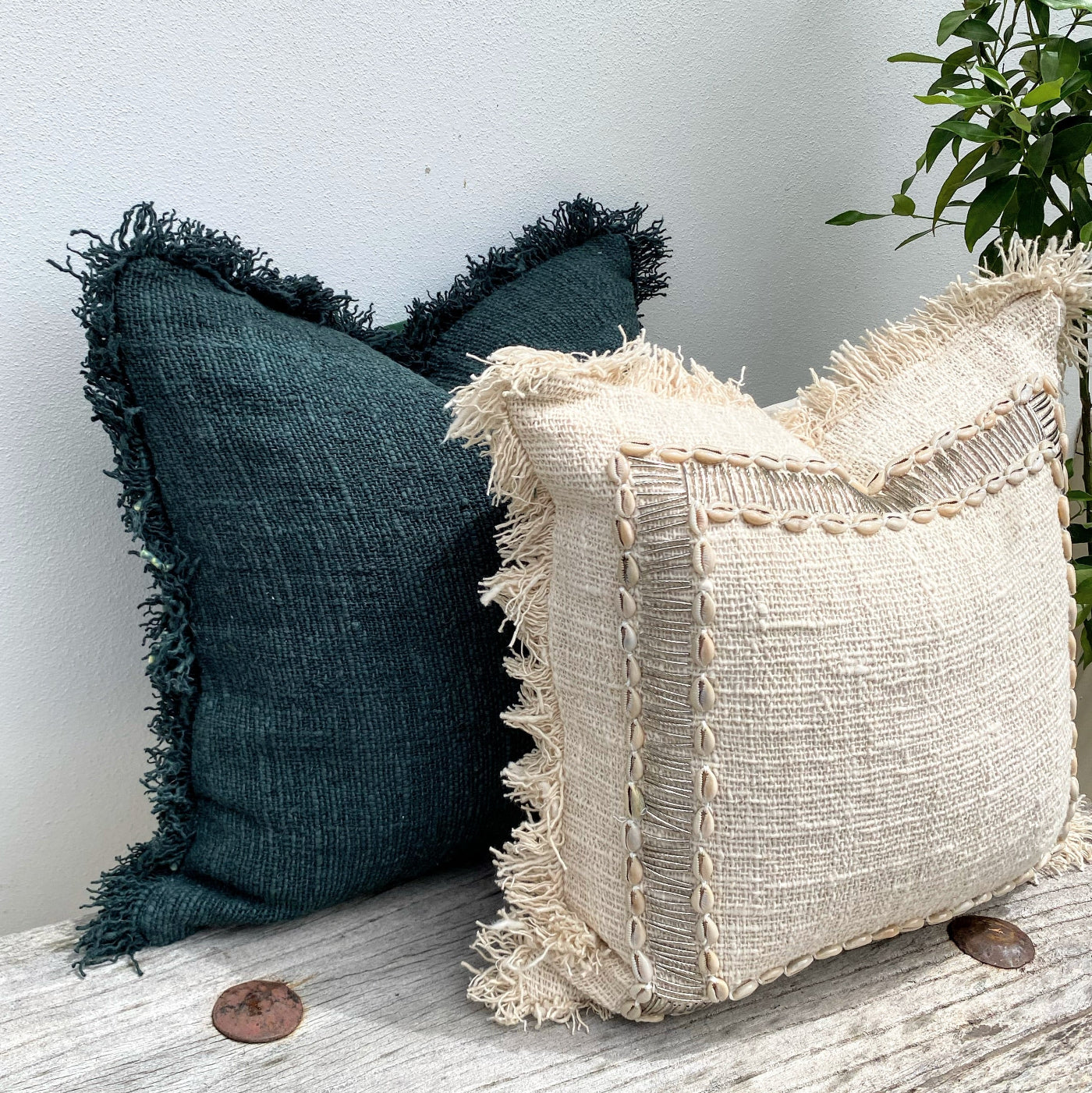 Set of Two Green and Beige Cushion Cover with Fringed Edge