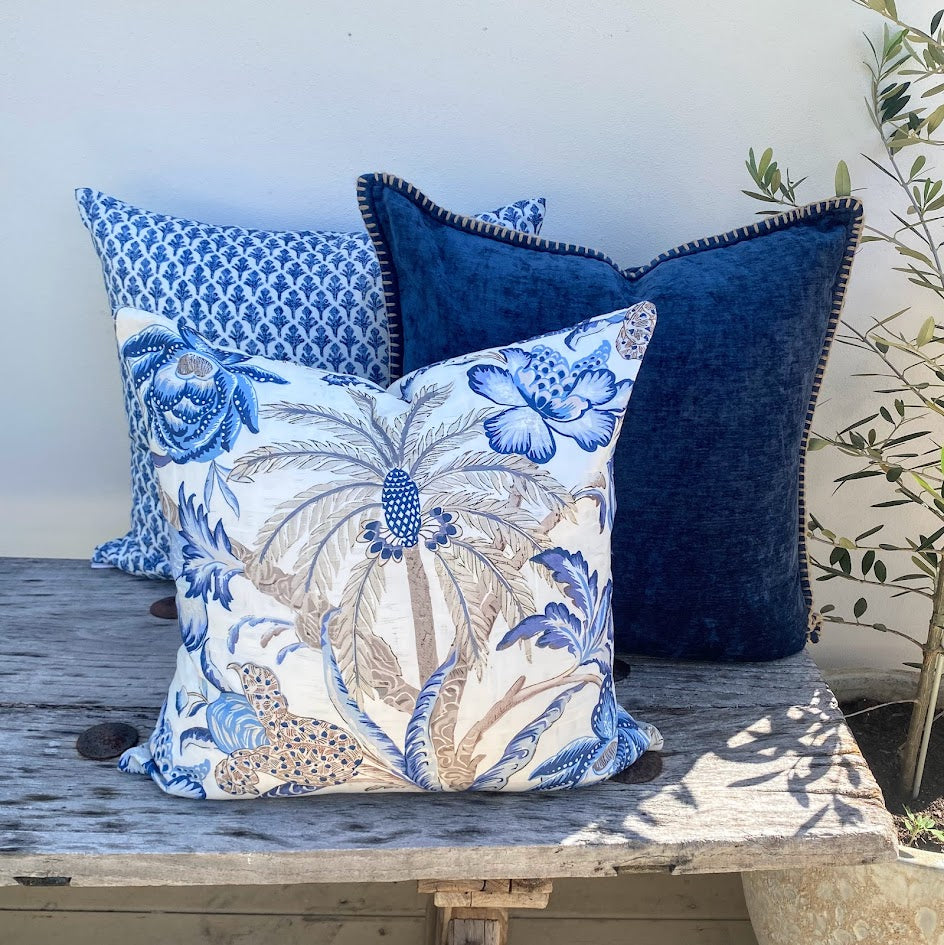Set of 3 Beige, White and Blue Tropical Palm Tree Cushions