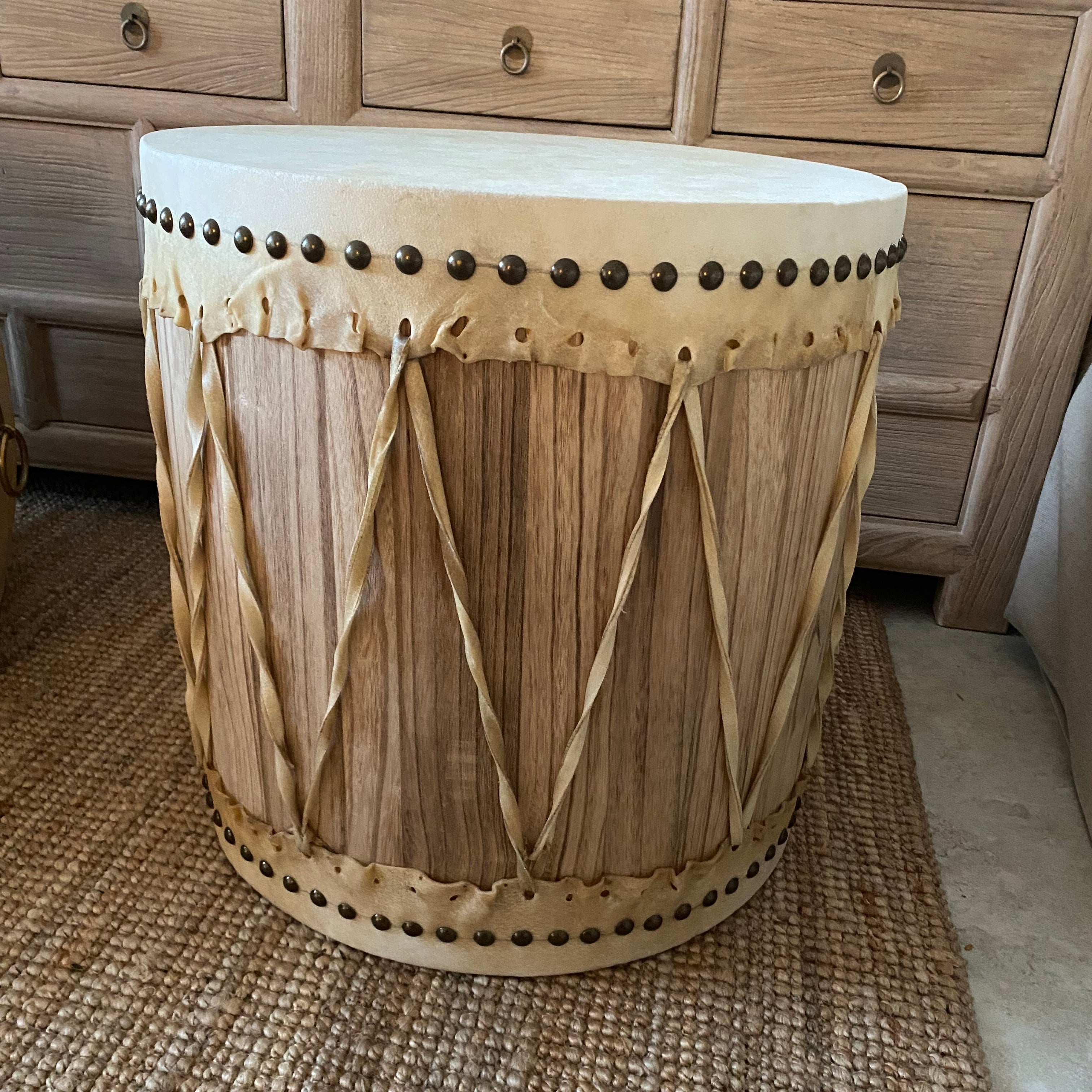 Small side table made of recycled elm wood by artisans