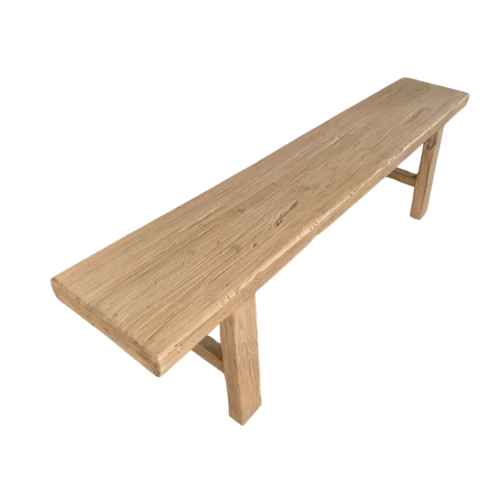 Solid reclaimed elm bench seat with rustic timber finish and sturdy wooden legs