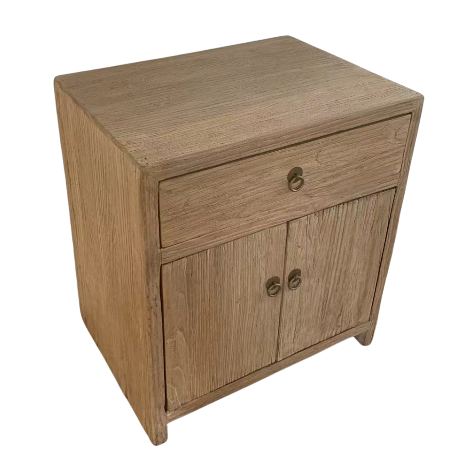 Wooden bedside table with natural grain timber finish for a sustainable elm wood decor