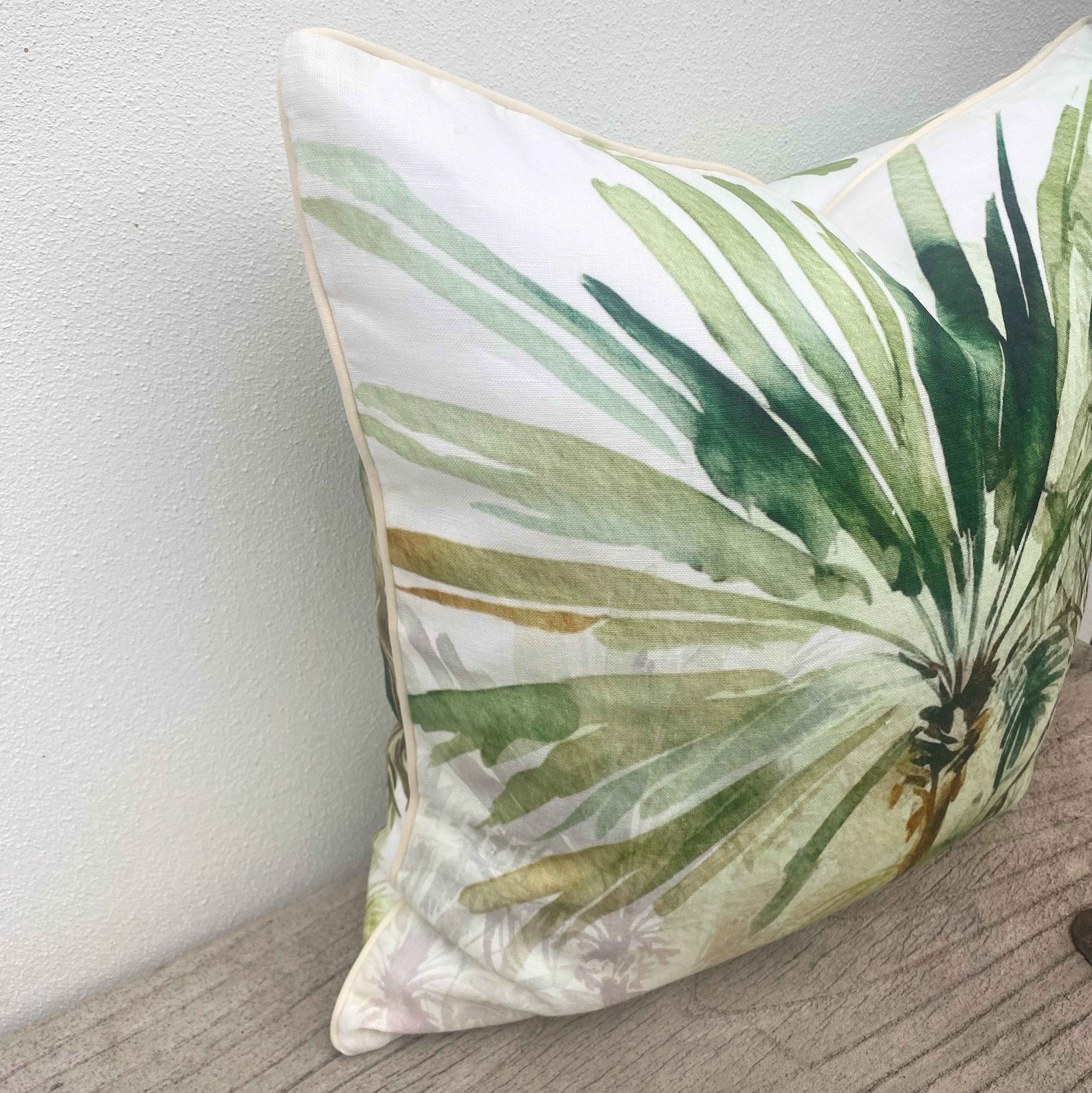 Set of 3 Green Linen Tropical Palm Cushion Covers| Imperial Bahamas Chenille-Revived Artisan Eco Home Decor