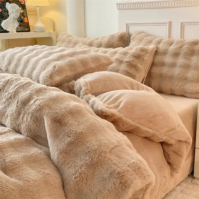 Faux Fur Queen Size Duvet Cover Set 4 Piece | Elysian Camel/Tan-Revived Artisan Eco Home Decor