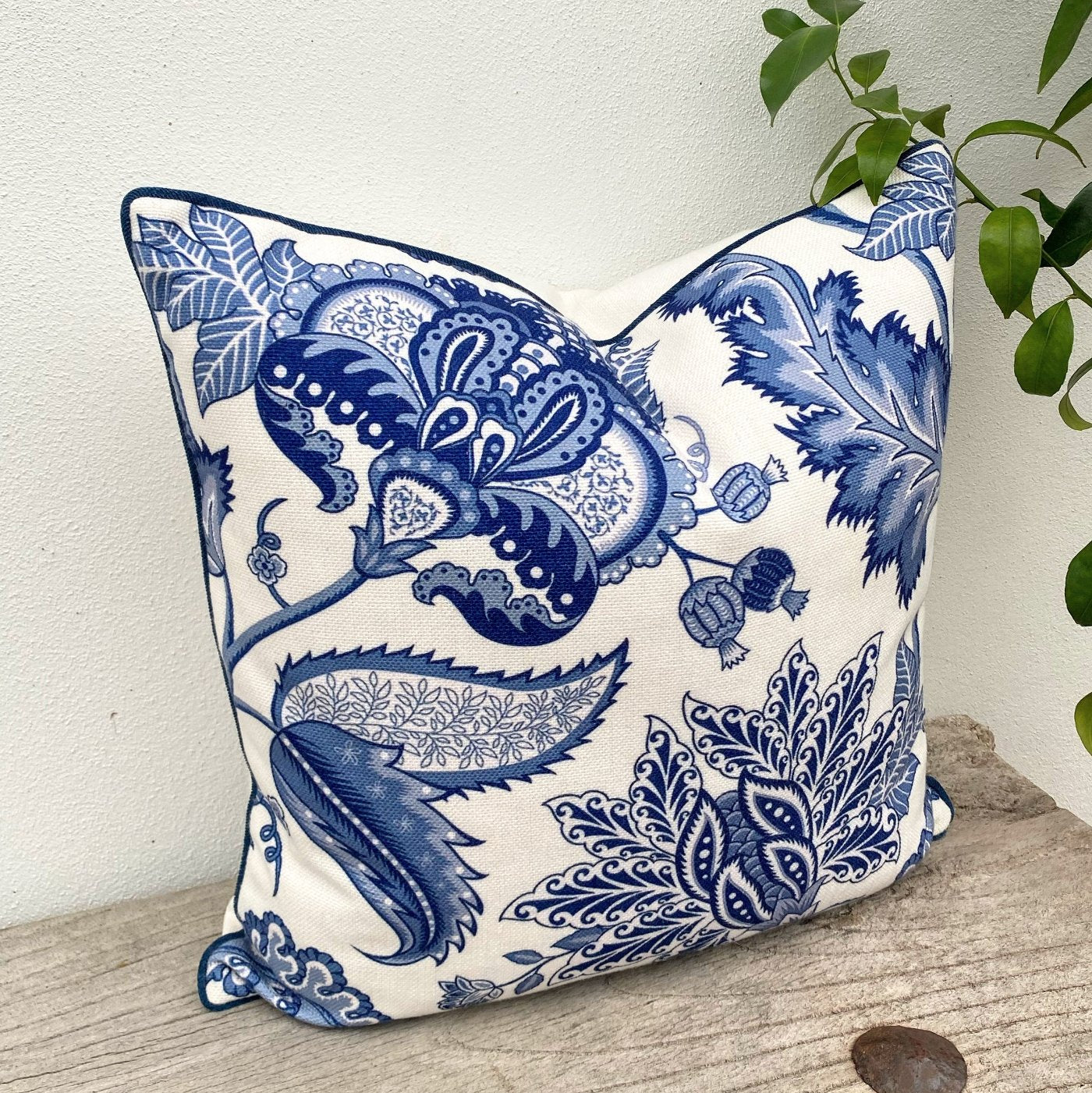 50cm Hamptons Style Blue and White Jacobean Floral Cushion