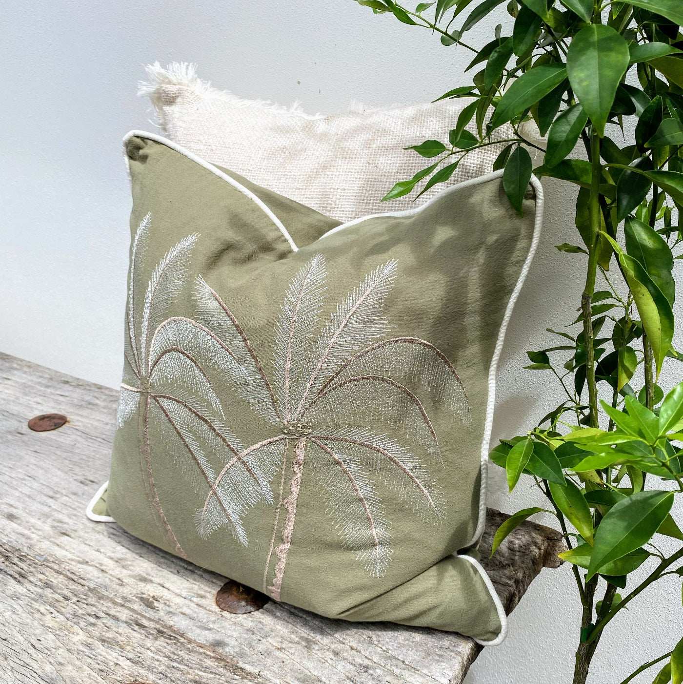 45cm Square Olive Green Cushion Cover with Palm Tree Design