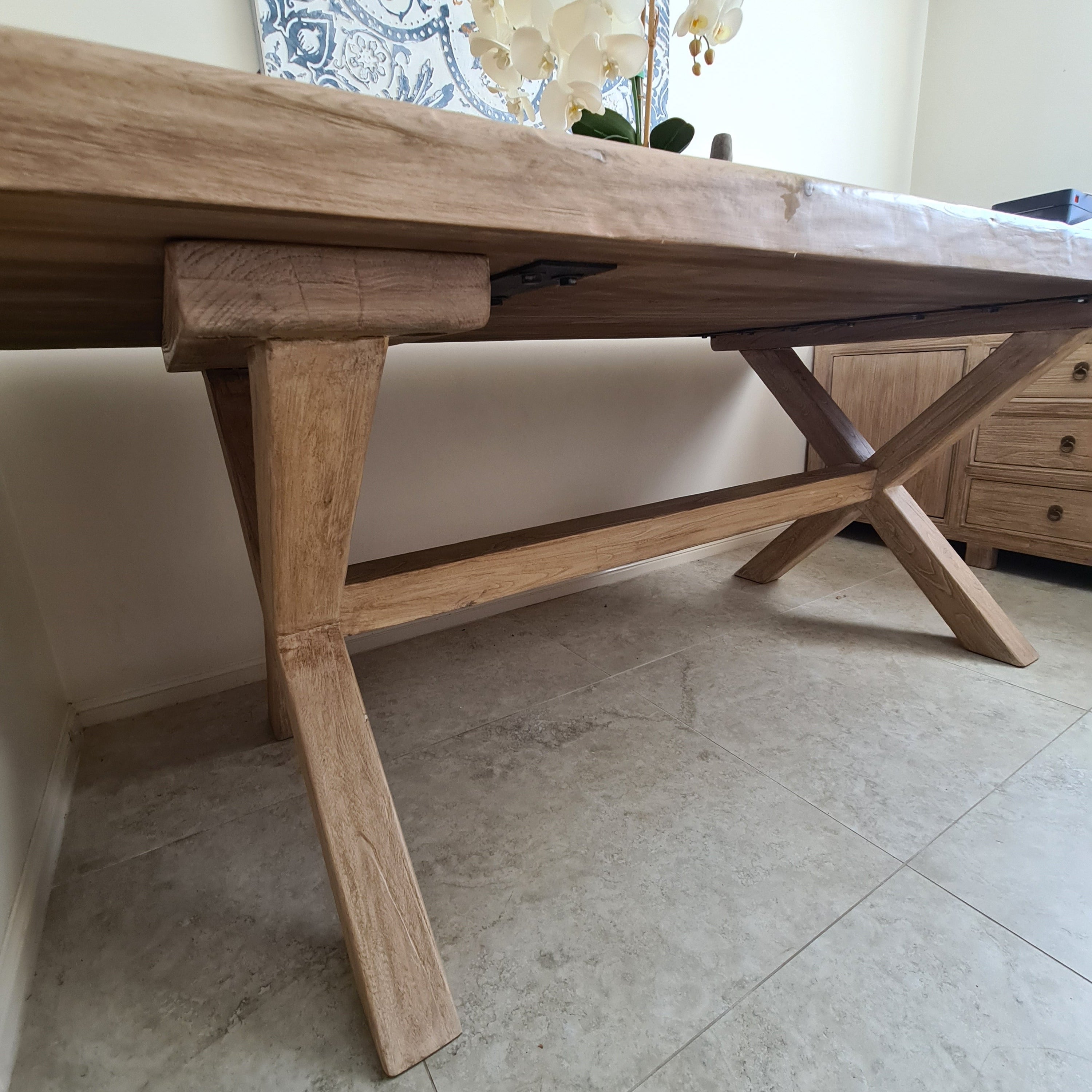 8-seater reclaimed solid elm wood dining table with cross legs