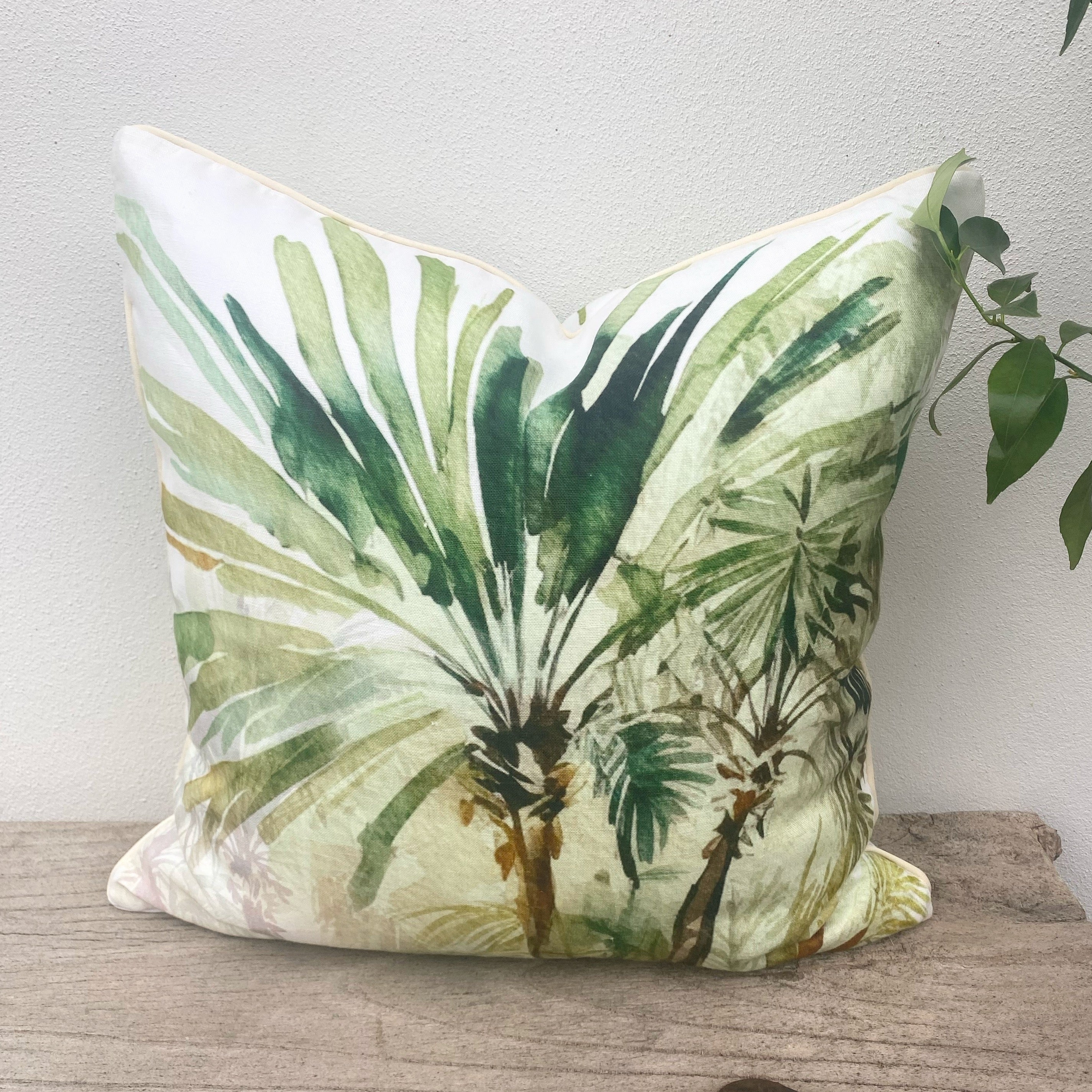 Set of 3 Green Linen Tropical Palm Cushion Covers| Imperial Bahamas Chenille-Revived Artisan Eco Home Decor