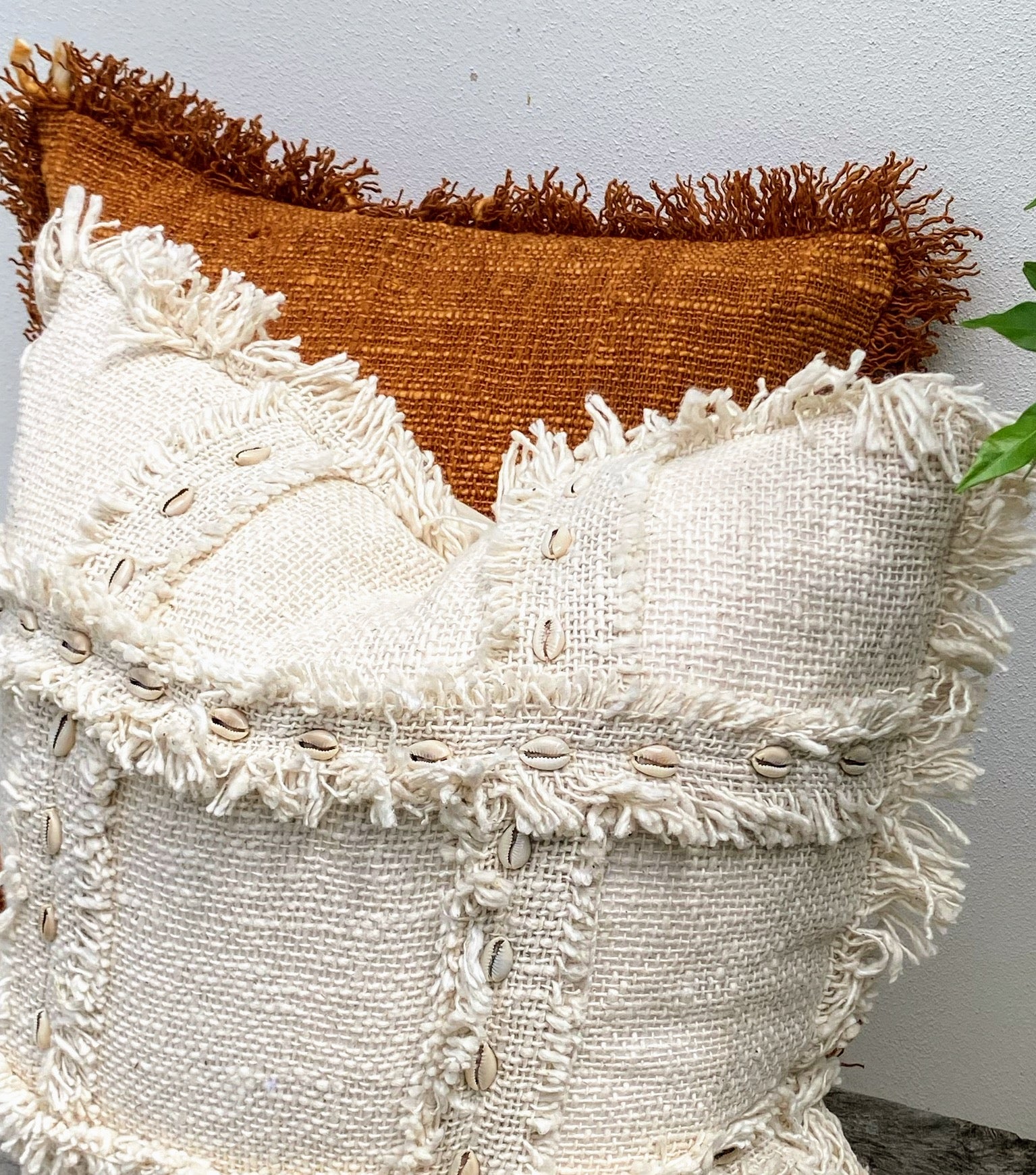 Handwoven Rust Orange and Natural Cotton Set of 2 Cushions- Square - Cowrie Shell Bali Tides