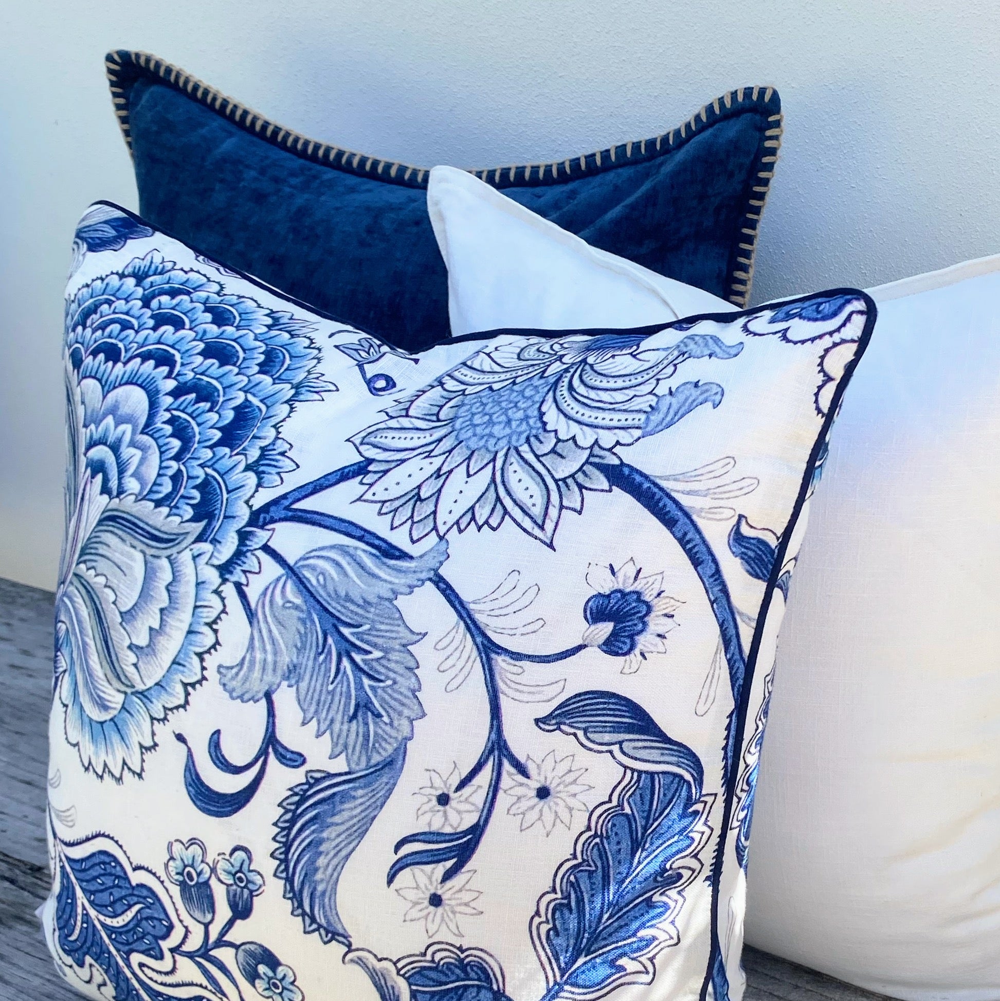 Set of 3 Blue and White Floral Cushions | Naia Blue Velvet - Portsea Ocean