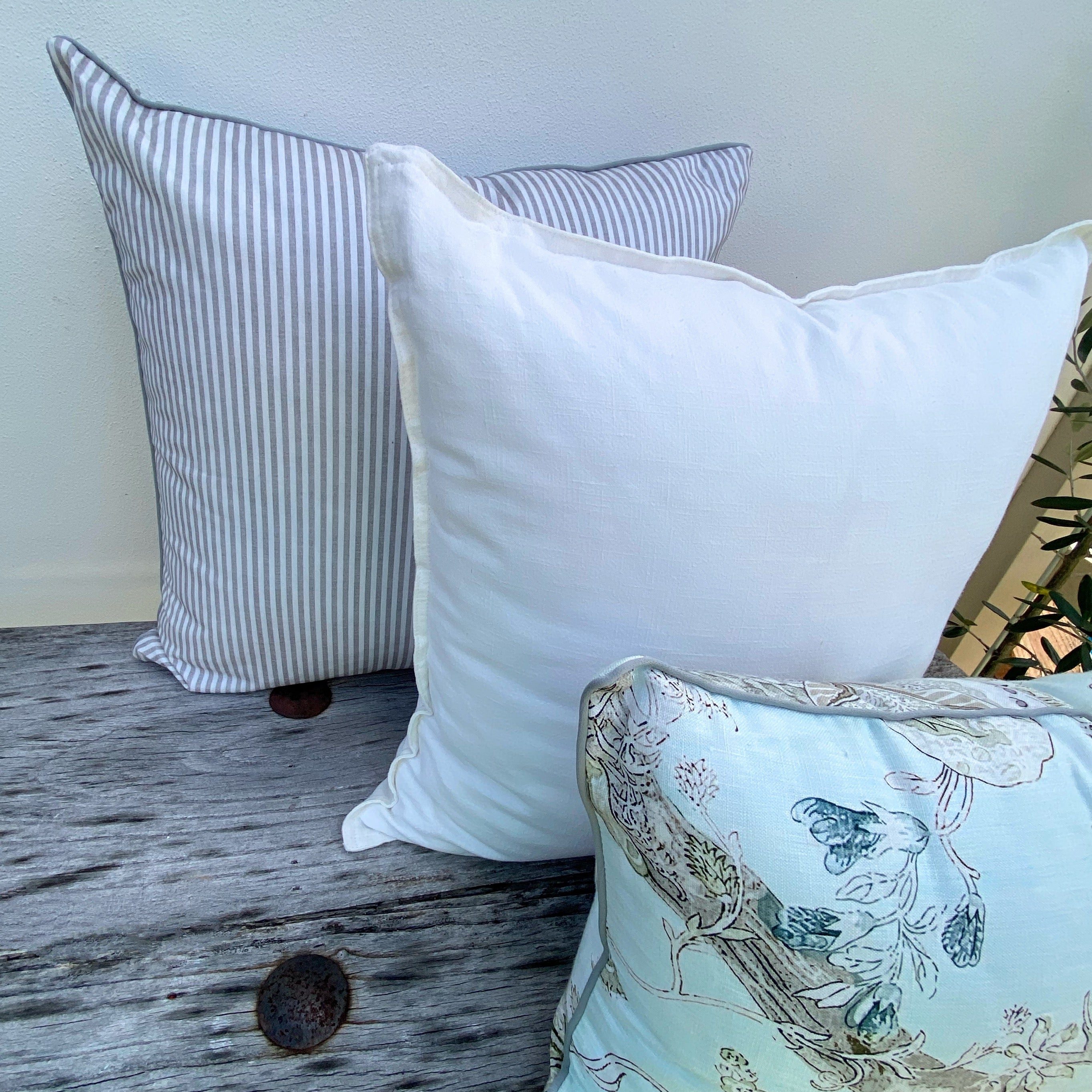 Set of 3 Floral French Linen Cushions -  Duck Egg Blue - Enchanted Grey Striped Naia