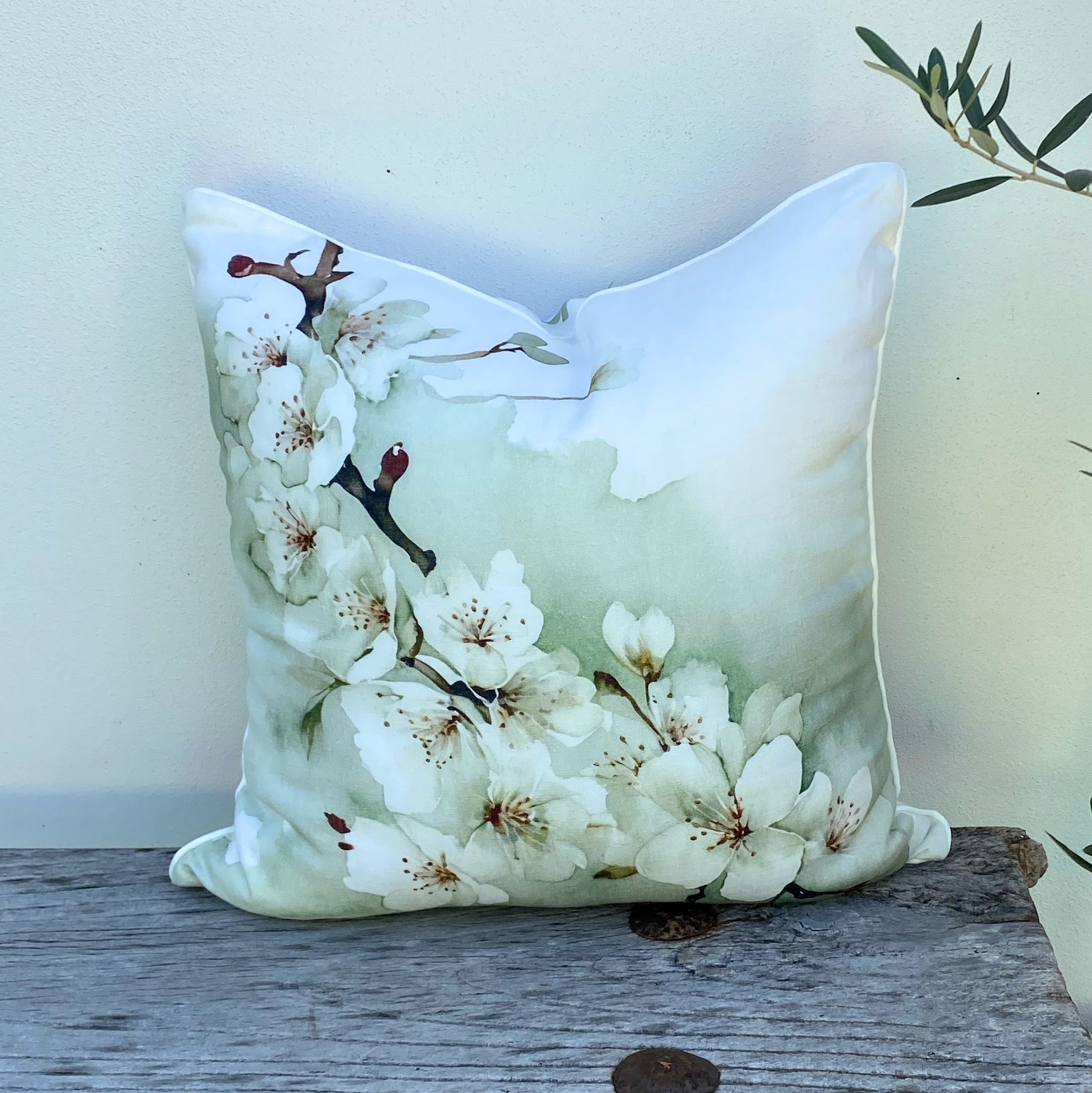 Linen Floral Cushion Covers | Sage - Cherry Blossom