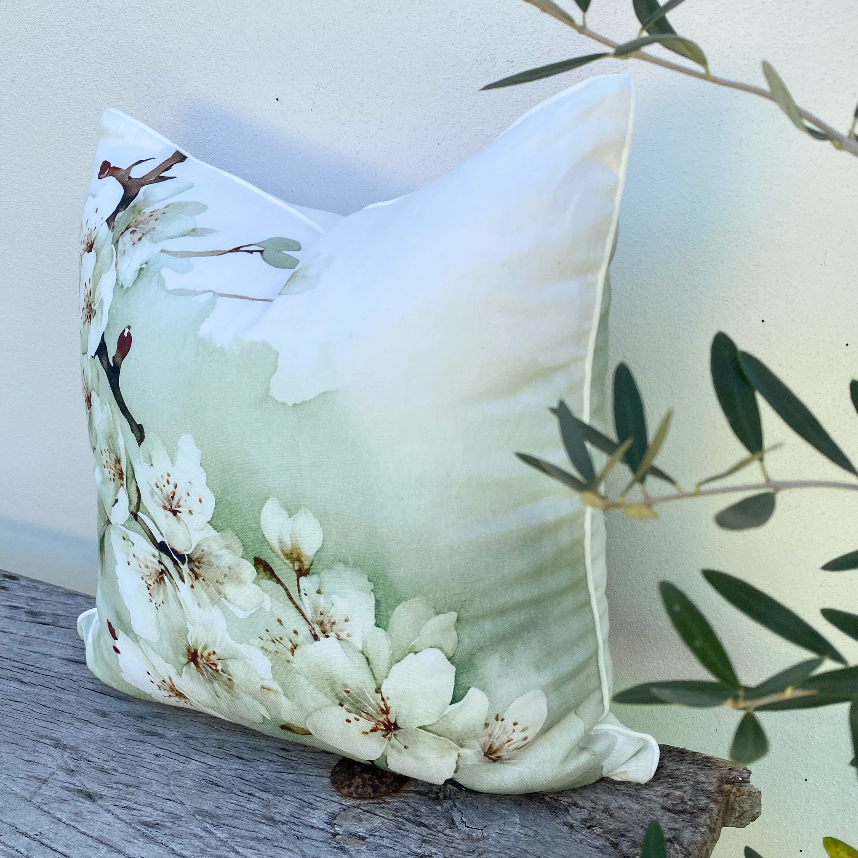 Linen Floral Cushion Covers | Sage - Cherry Blossom