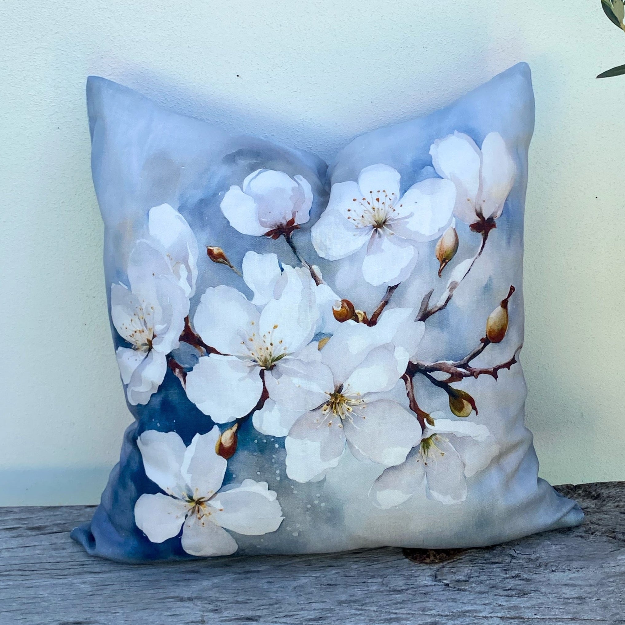 Linen Floral Cushion Covers | Misty Blue - Cherry Blossom