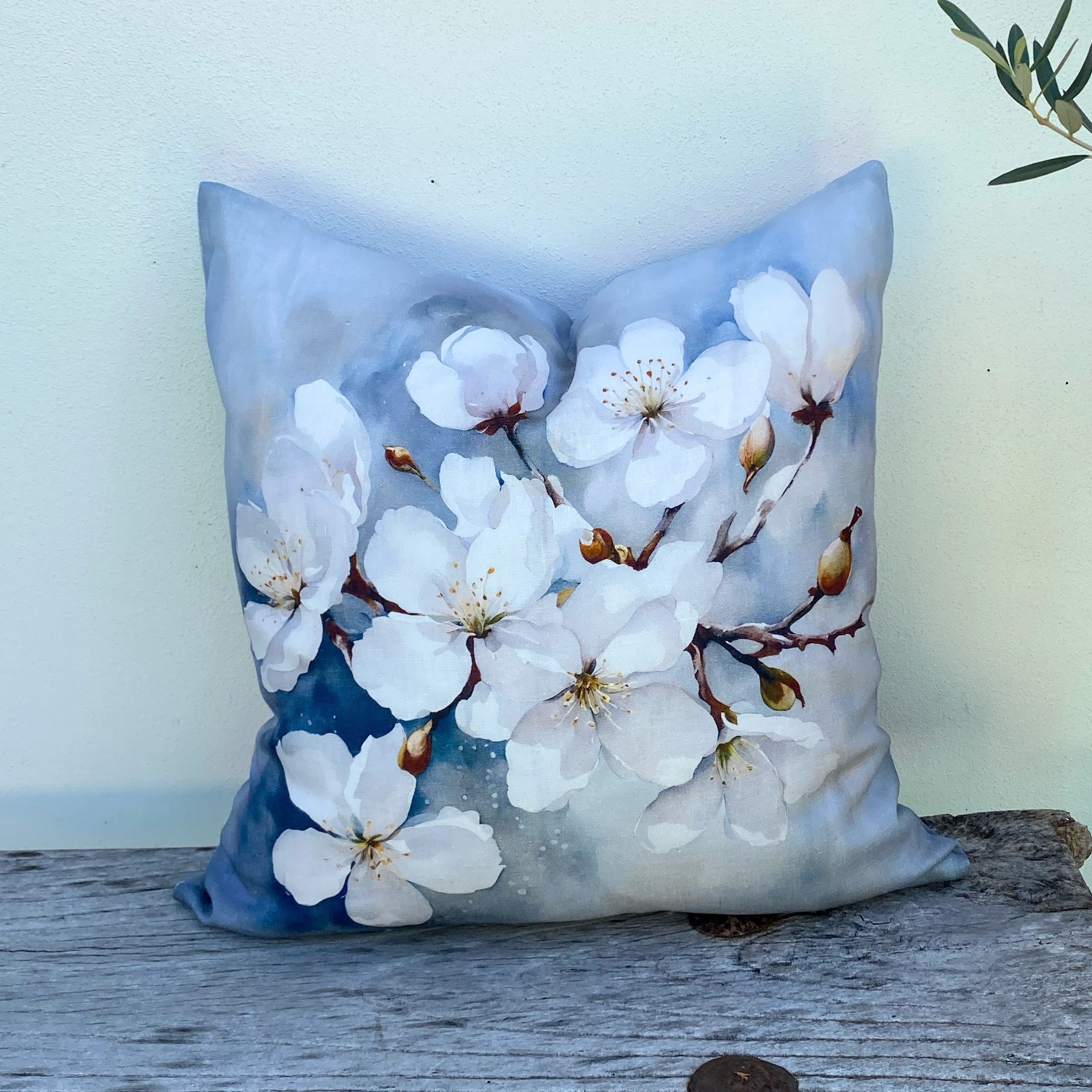 Linen Floral Cushion Covers | Misty Blue - Cherry Blossom