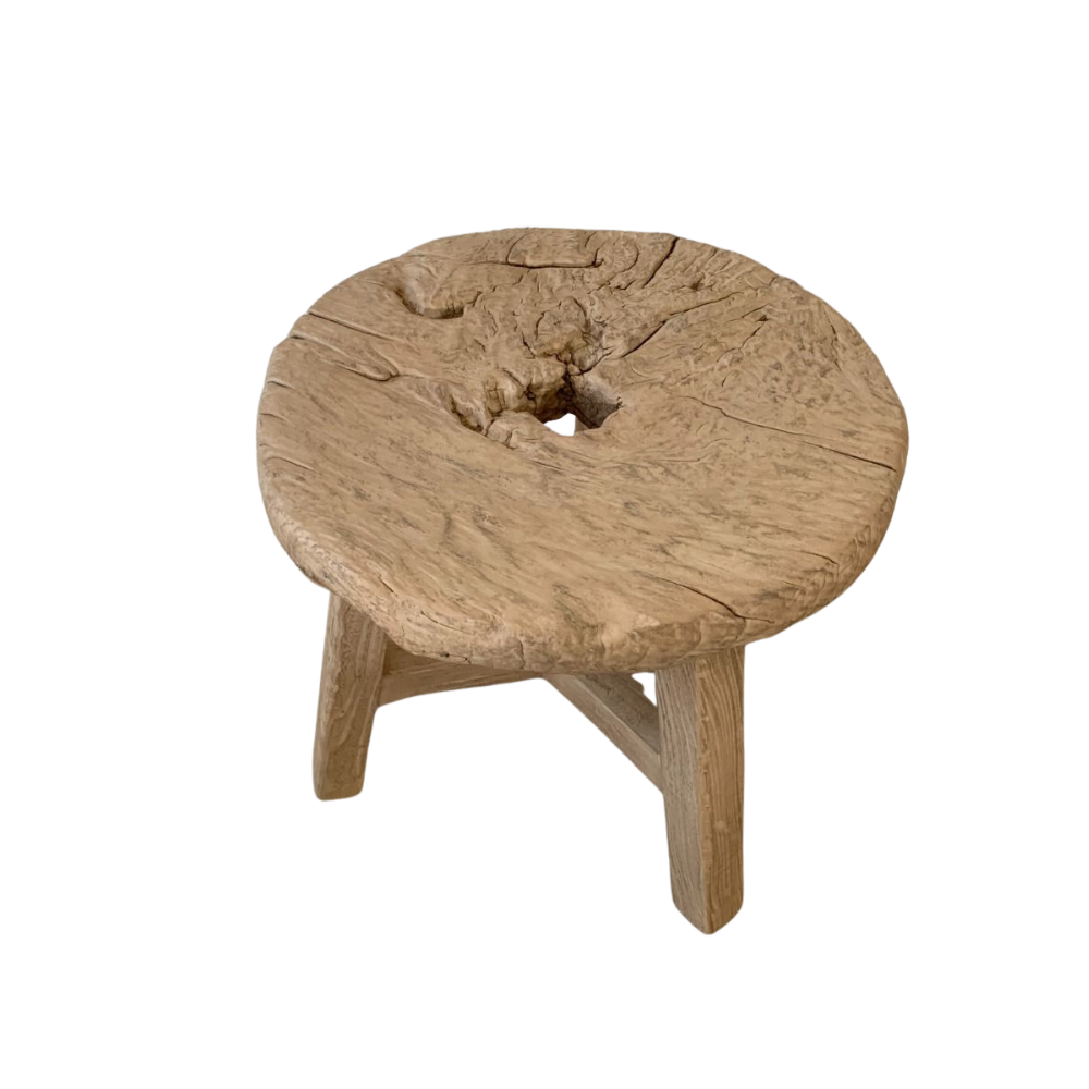 Antique Rustic Reclaimed Elm and Grain Cart Wheel Side Table