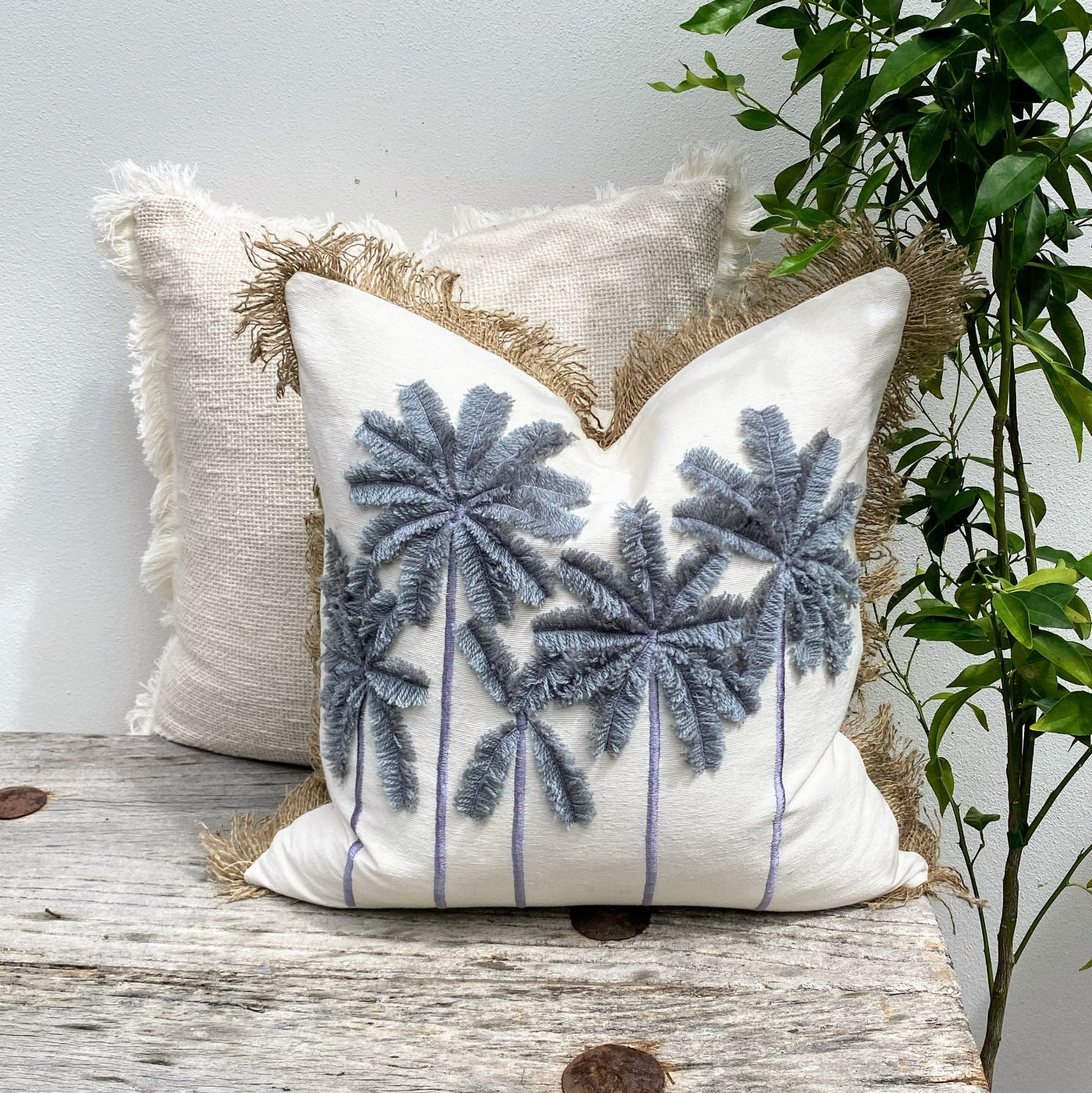 Blue and White Palm Tree Cushion Fringed- Sand and Sky