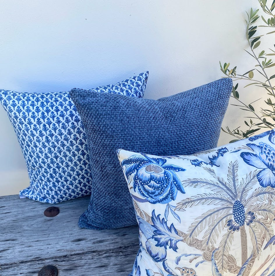 Set of 3 Blue and White Patterned Tropical Cushions