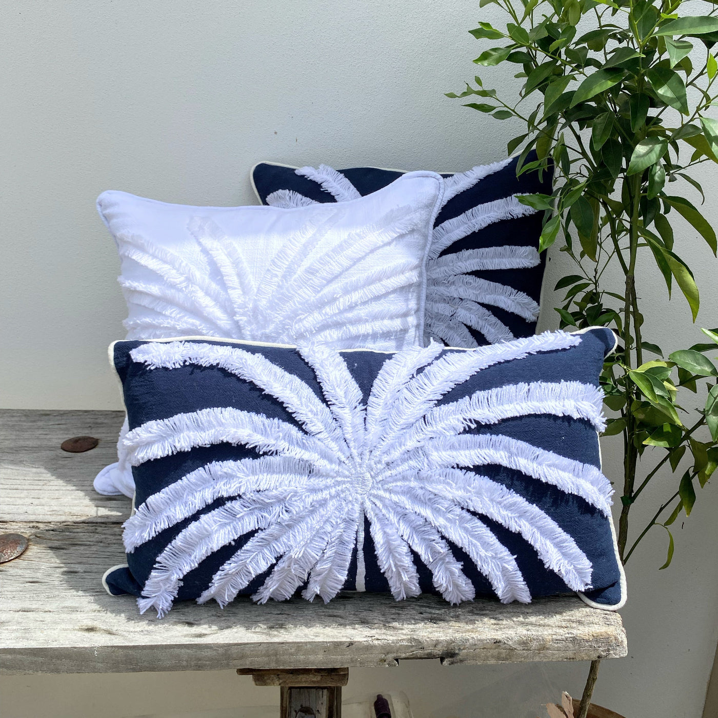 Buy Premium Quality Blue Linen Cushion with Palm Trees​