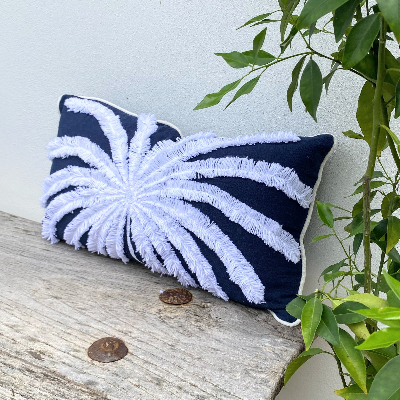 Deep Blue Palm Tree Cushion Cover At Revived Artisan