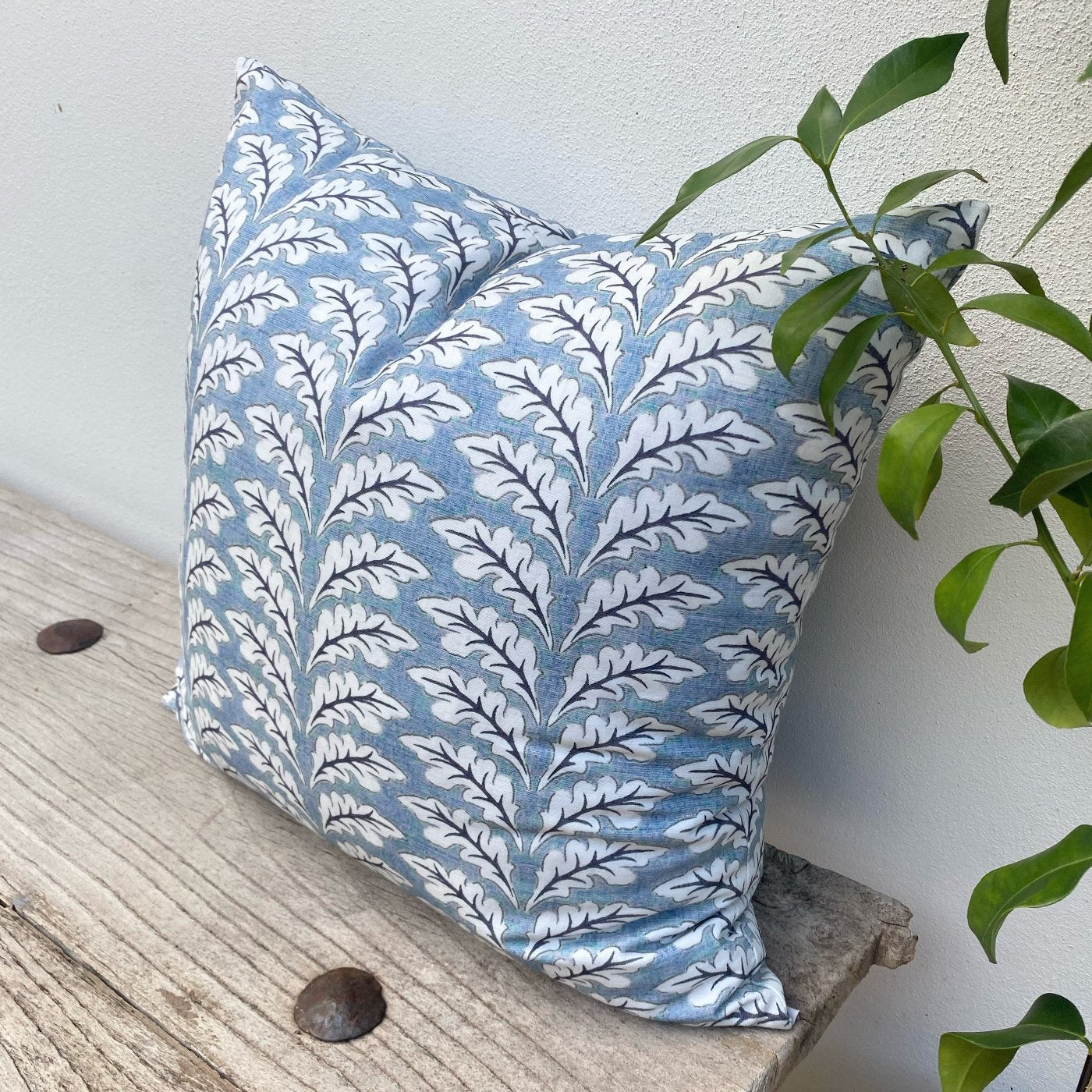 100% Cotton Dusty Blue Cushion | Velvet Ocean Foliage-Revived Artisan Eco Home Decor