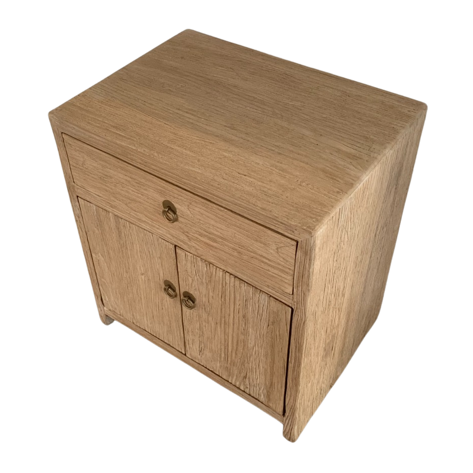 Minimalist bedside table​ with natural grain timber finish in a modern coastal Australian entryway