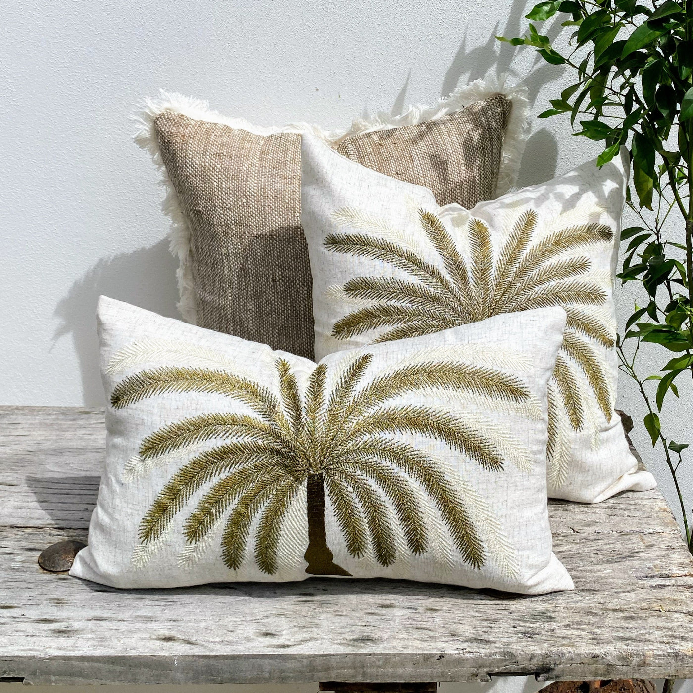 Natural Beige Linen Cushion- Rectangle Olive Green Palm Serenity