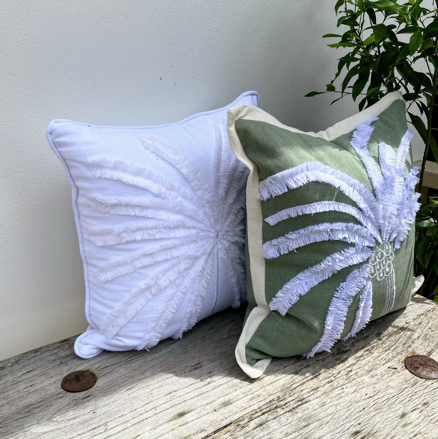 Premium White and Olive Green Palm Tree Cushion Set
