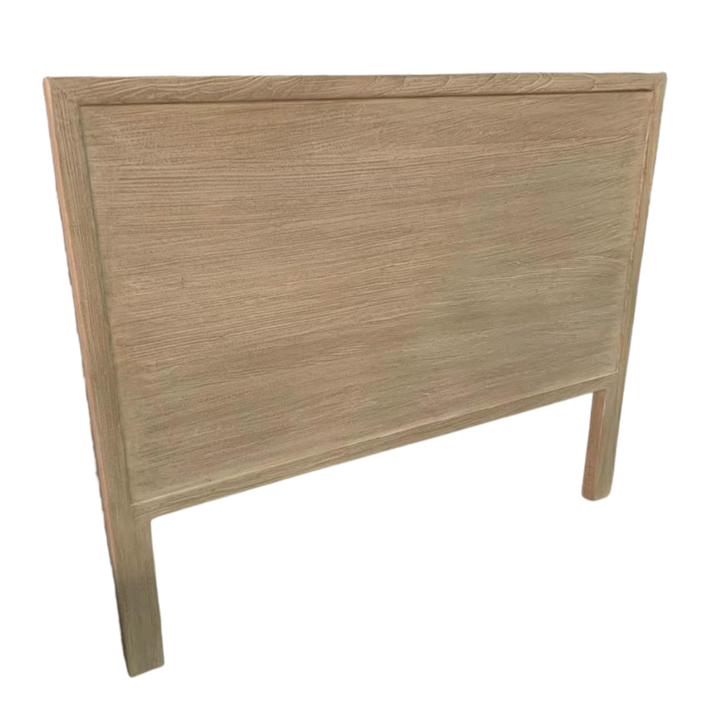Queen size bedhead in reclaimed elm wood for a contemporary wabi-sabi bedroom.