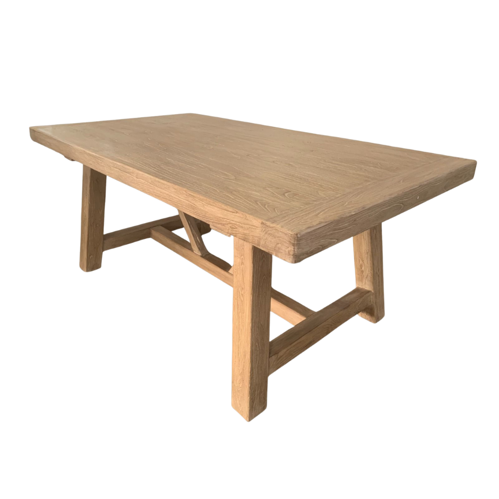 Handcrafted recycled elm wood table with thick solid timber top