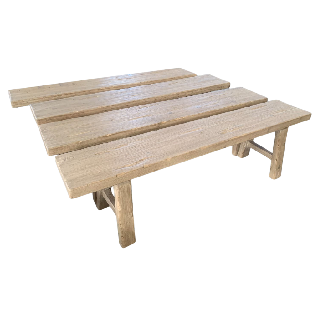 Reclaimed elm timber bench seat with natural blonde wood grain and rustic farmhouse style design