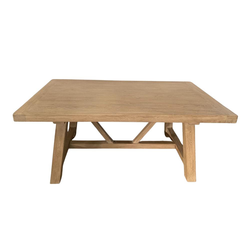 Solid natural elm dinning table with angled legs and natural wood grain