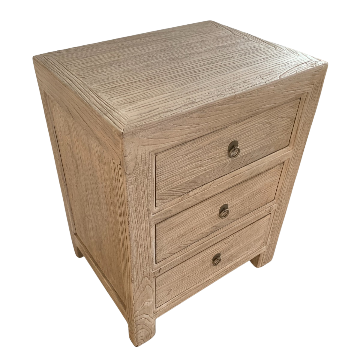 Reclaimed wood small 3 drawer bedside table​​, best for Coastal, or Hamptons-style interiors