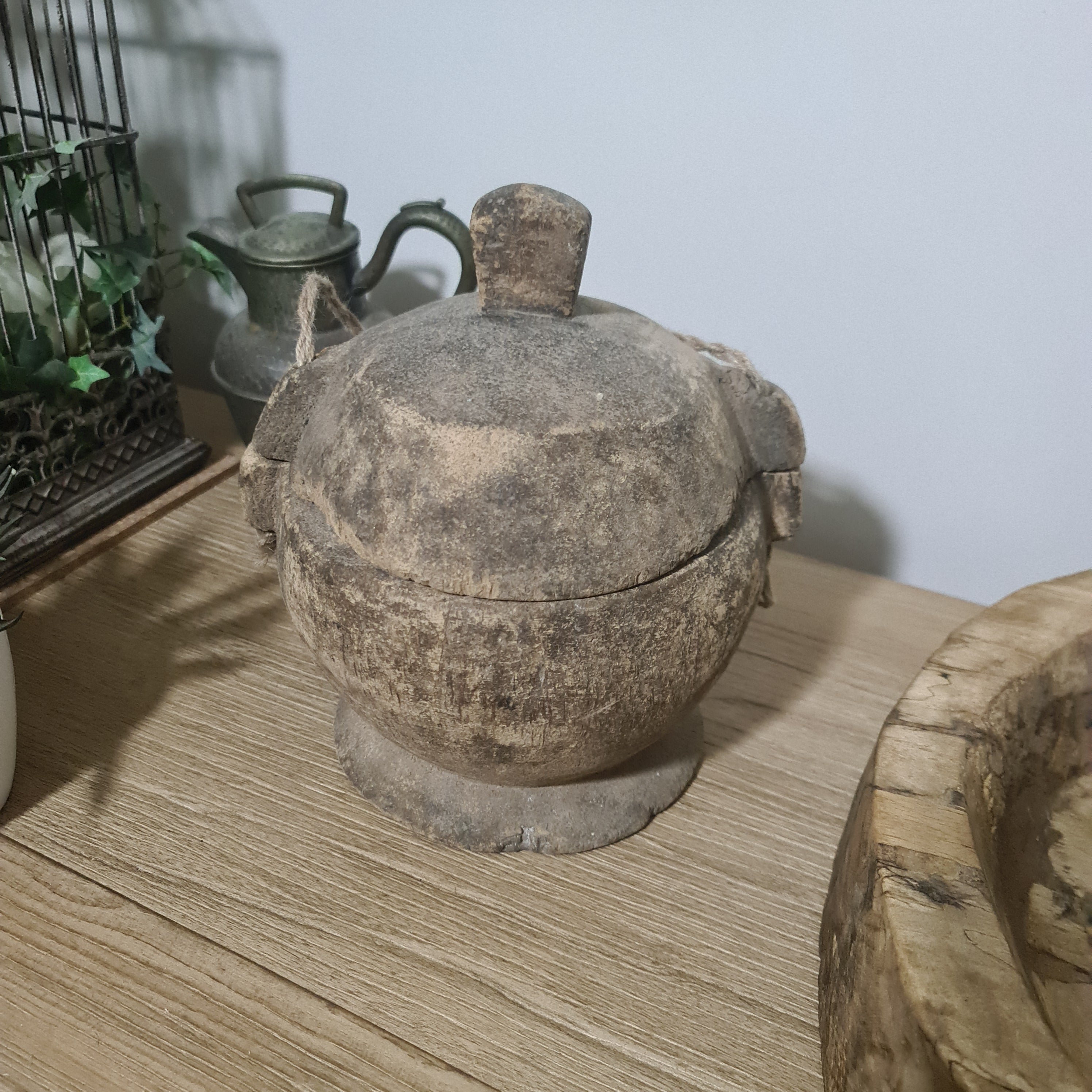 Antique Lidded Naga Wood Bowl | Wabi-Sabi Storage Vessel | Med 23 x 20.5 x 26 cm