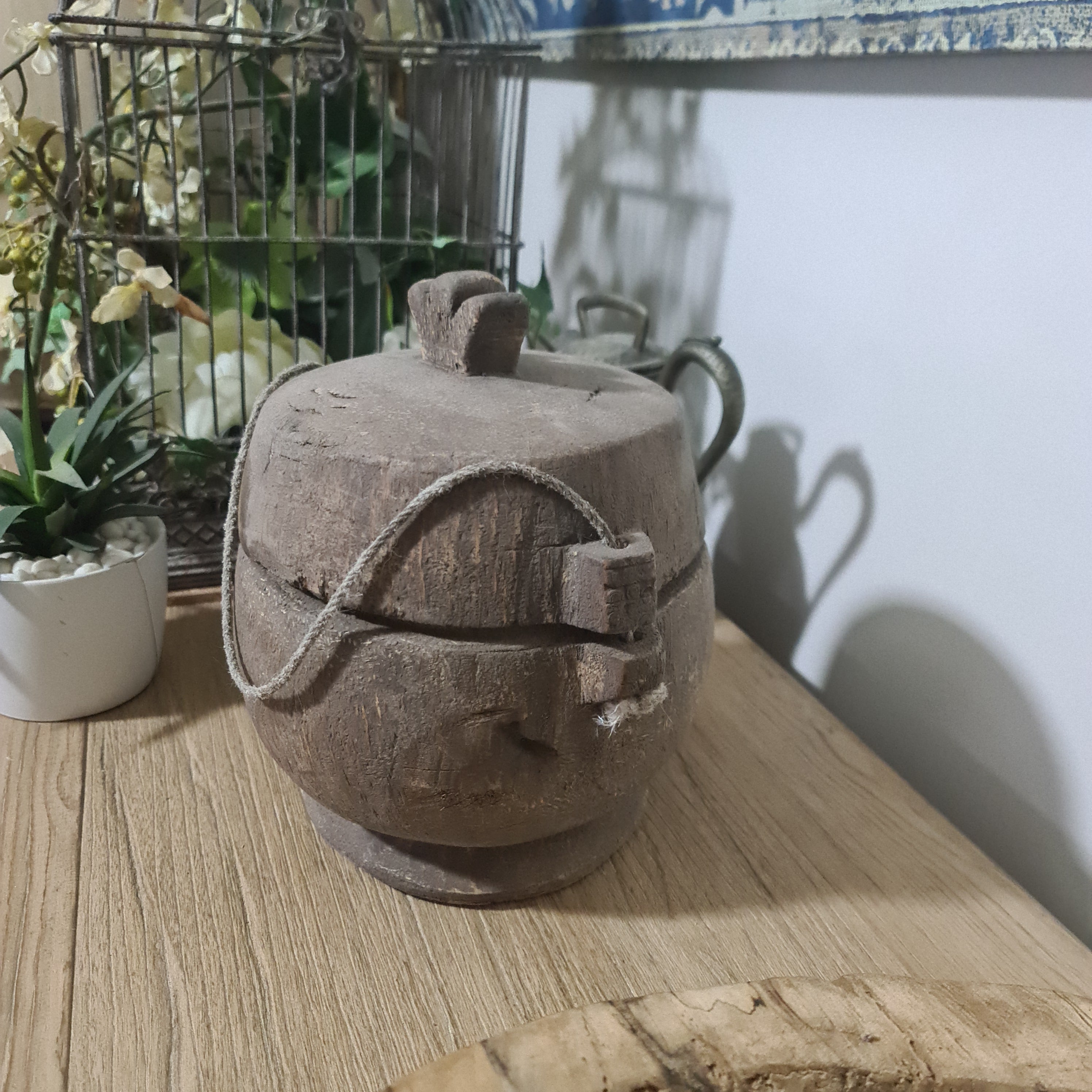 Antique Lidded Naga Wood Bowl | Wabi-Sabi Storage Vessel | Small 22 x 19.5 x 23 cm