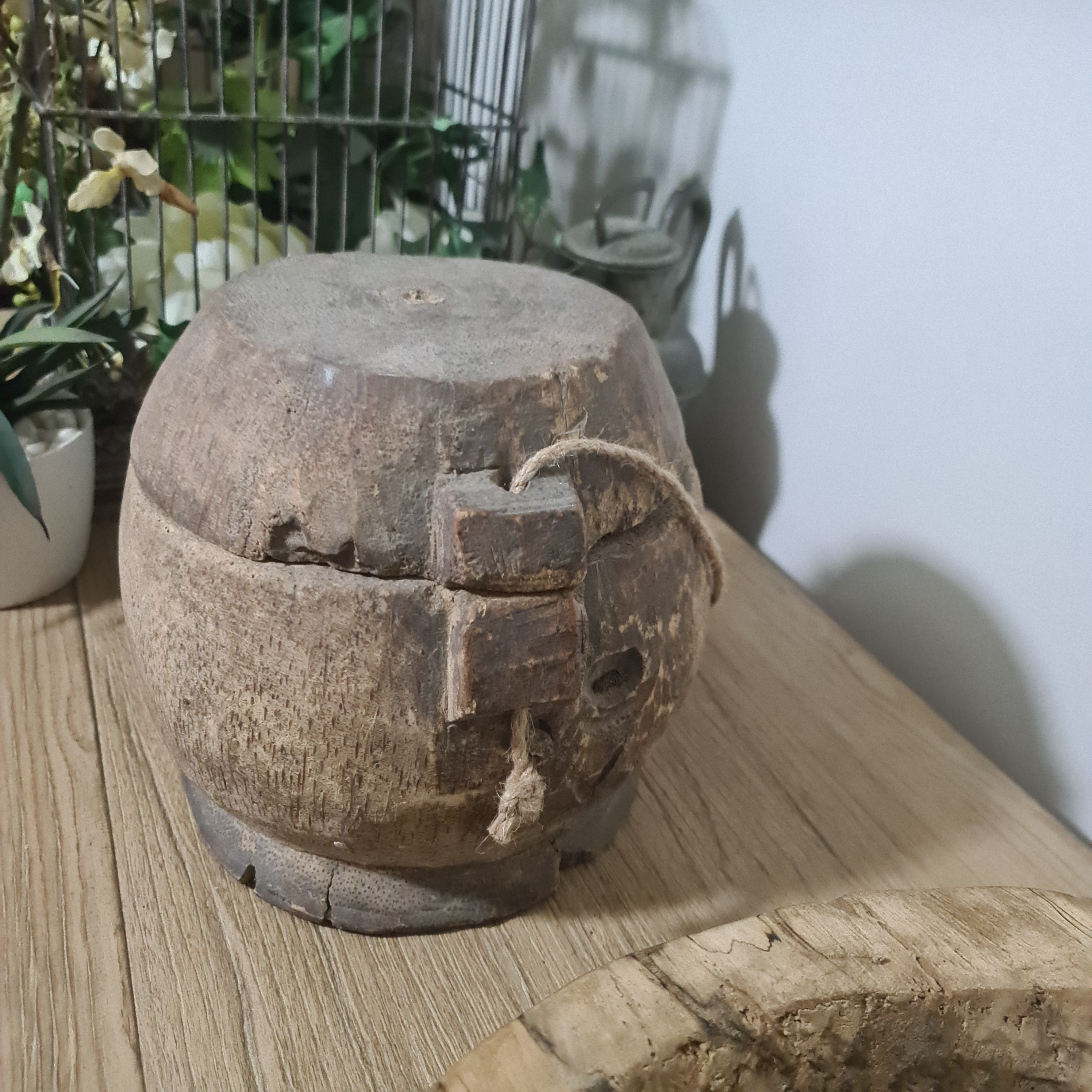 Antique Lidded Naga Wood Bowl | Wabi-Sabi Storage Vessel | Large 23 x 23 x 21 cm