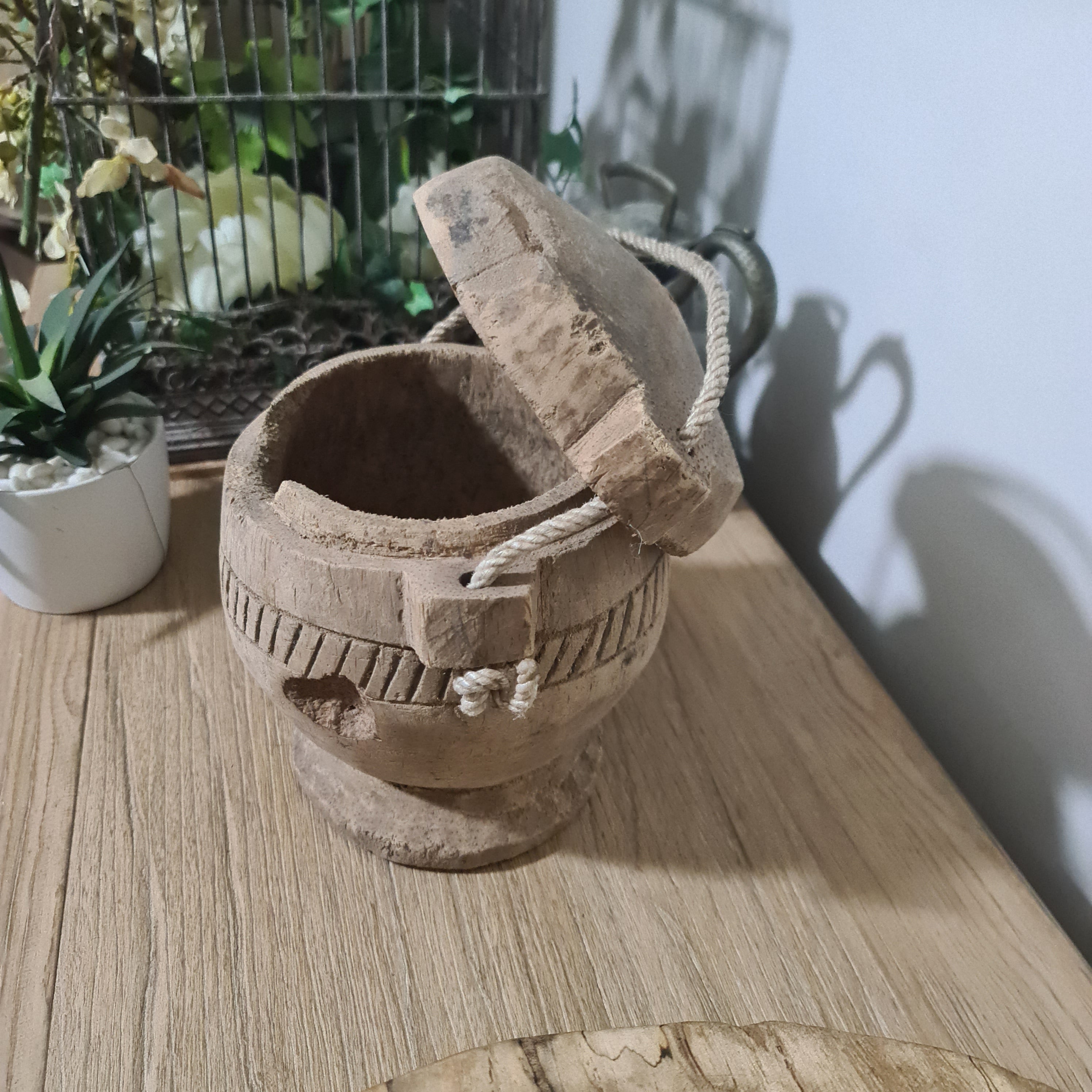 Antique Lidded Naga Wood Bowl | Wabi-Sabi Storage Vessel | Small 19 x 17 x 20 cm