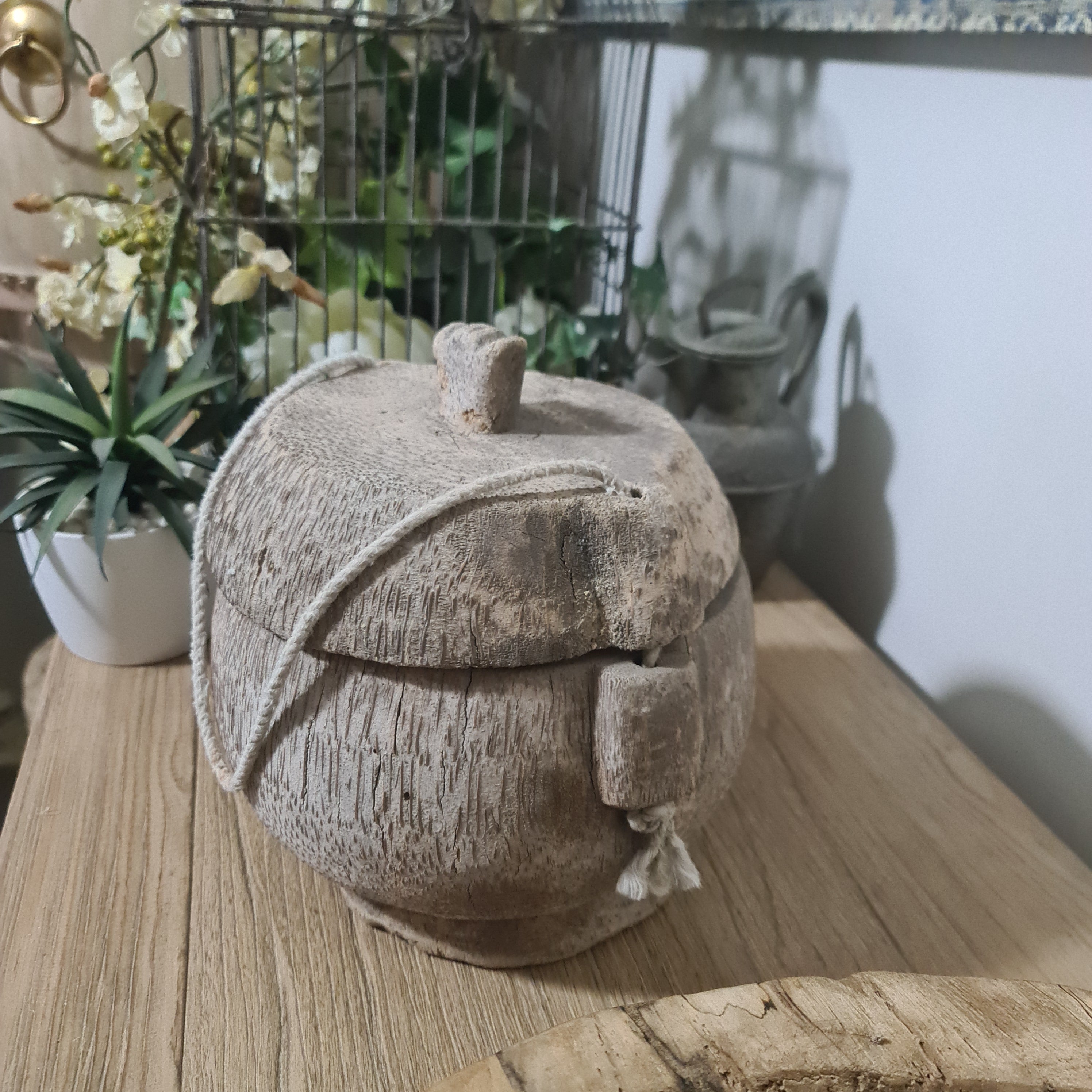 Antique Lidded Naga Wood Bowl | Wabi-Sabi Storage Vessel | Large 23 x 21 x 23 cm