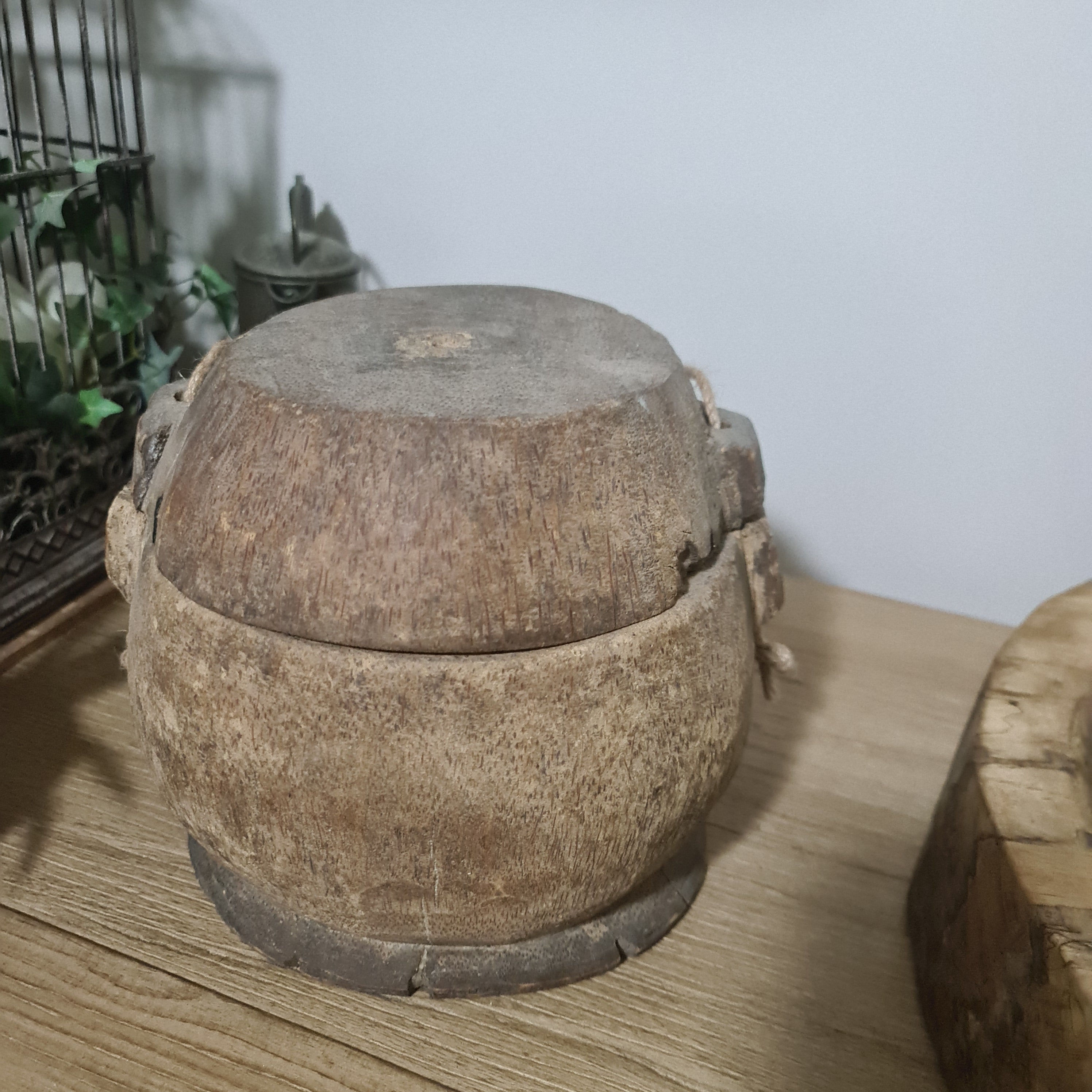 Antique Lidded Naga Wood Bowl | Wabi-Sabi Storage Vessel | Large 23 x 23 x 21 cm