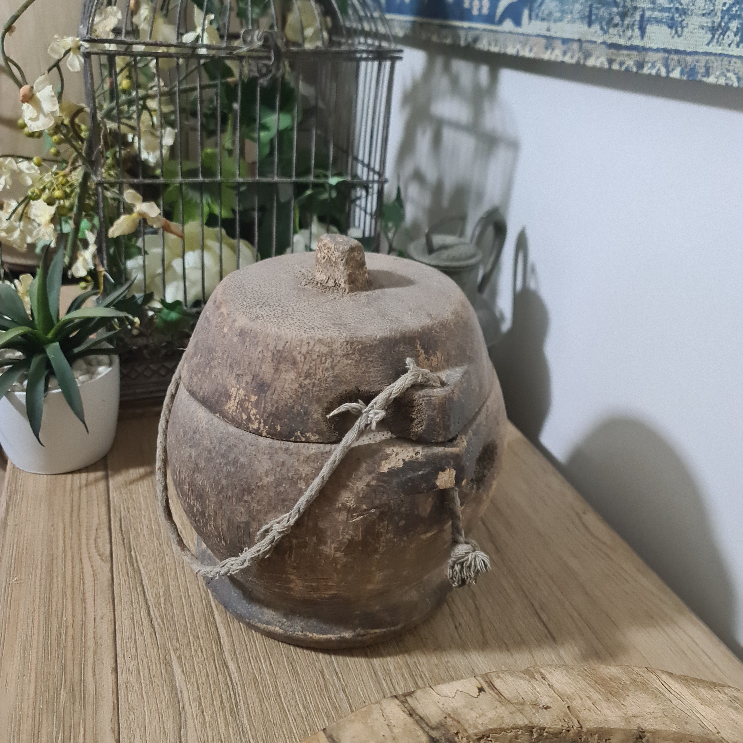 Antique Lidded Naga Wood Bowl | Wabi-Sabi Storage Vessel | Large 23 x 22 x 24 cm