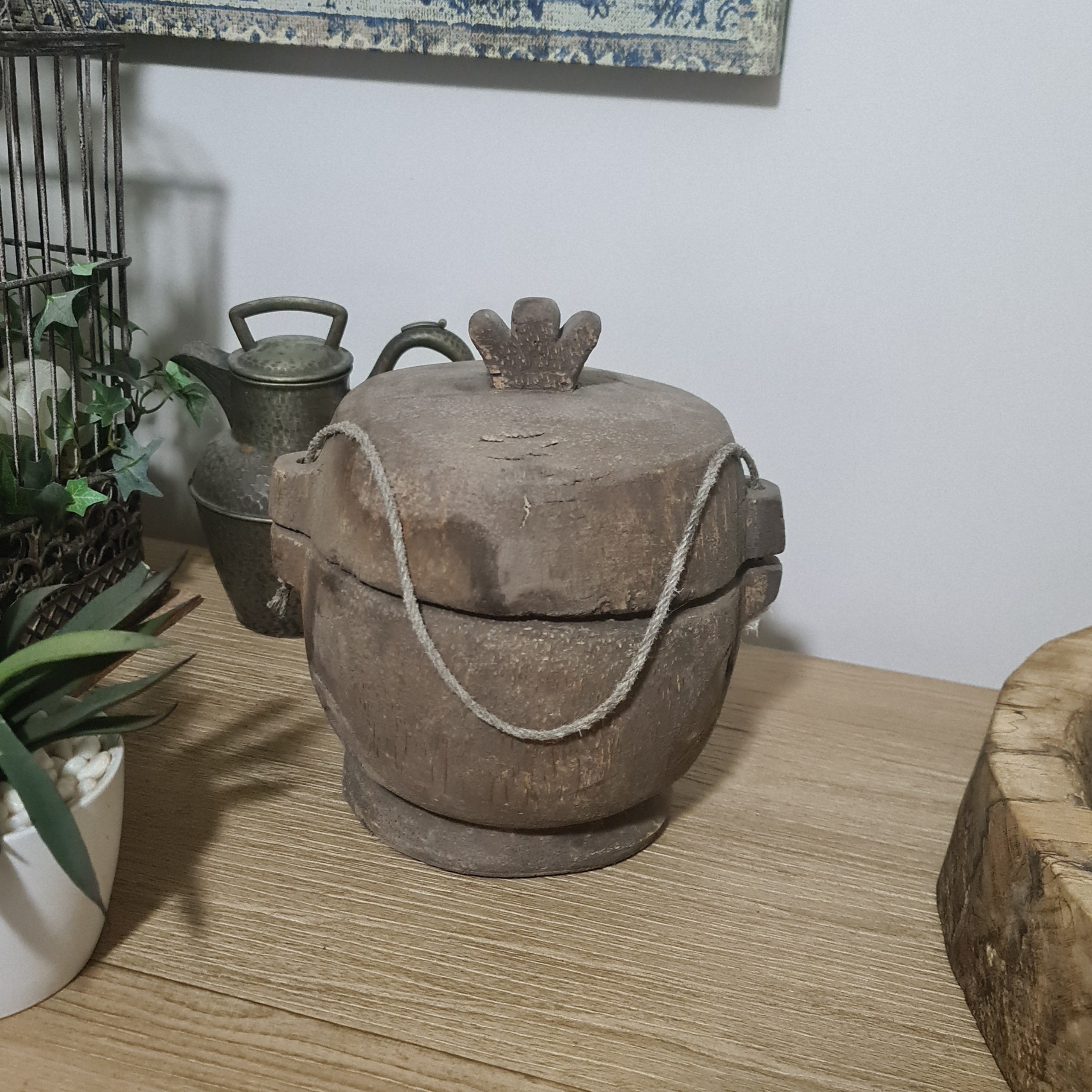 Antique Lidded Naga Wood Bowl | Wabi-Sabi Storage Vessel | Small 22 x 19.5 x 23 cm