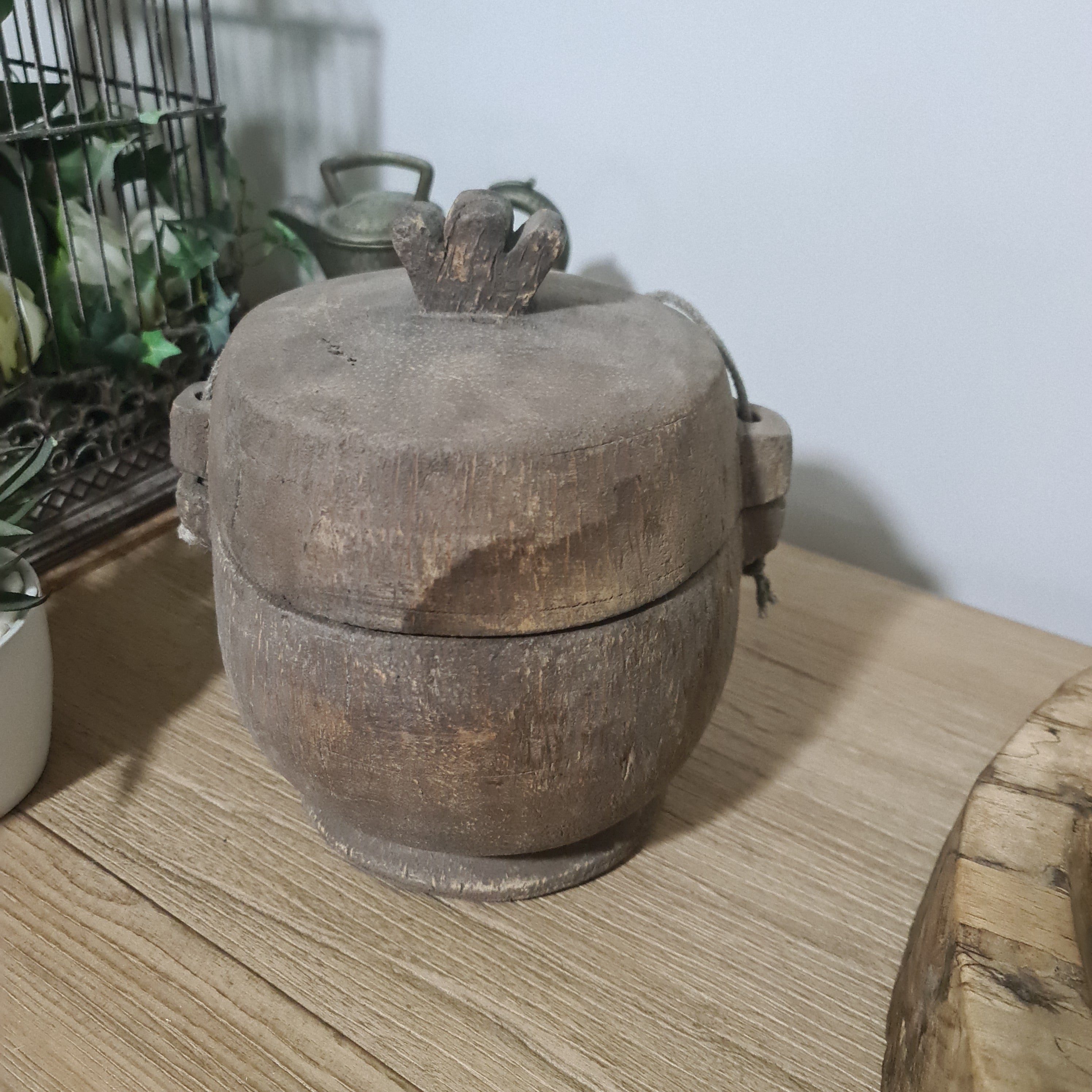 Antique Lidded Naga Wood Bowl | Wabi-Sabi Storage Vessel | Small 22 x 19.5 x 23 cm