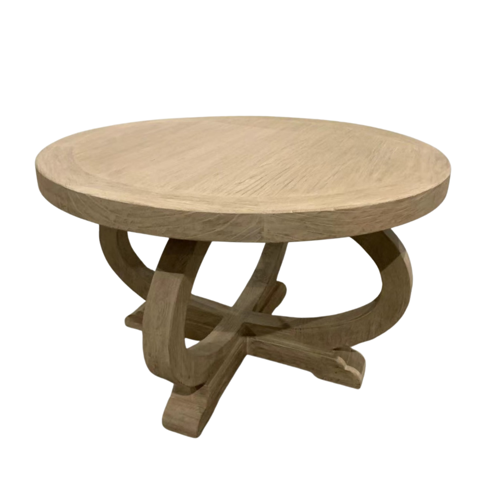 Rustic reclaimed wood round curved pedestal dining table for coastal home decor